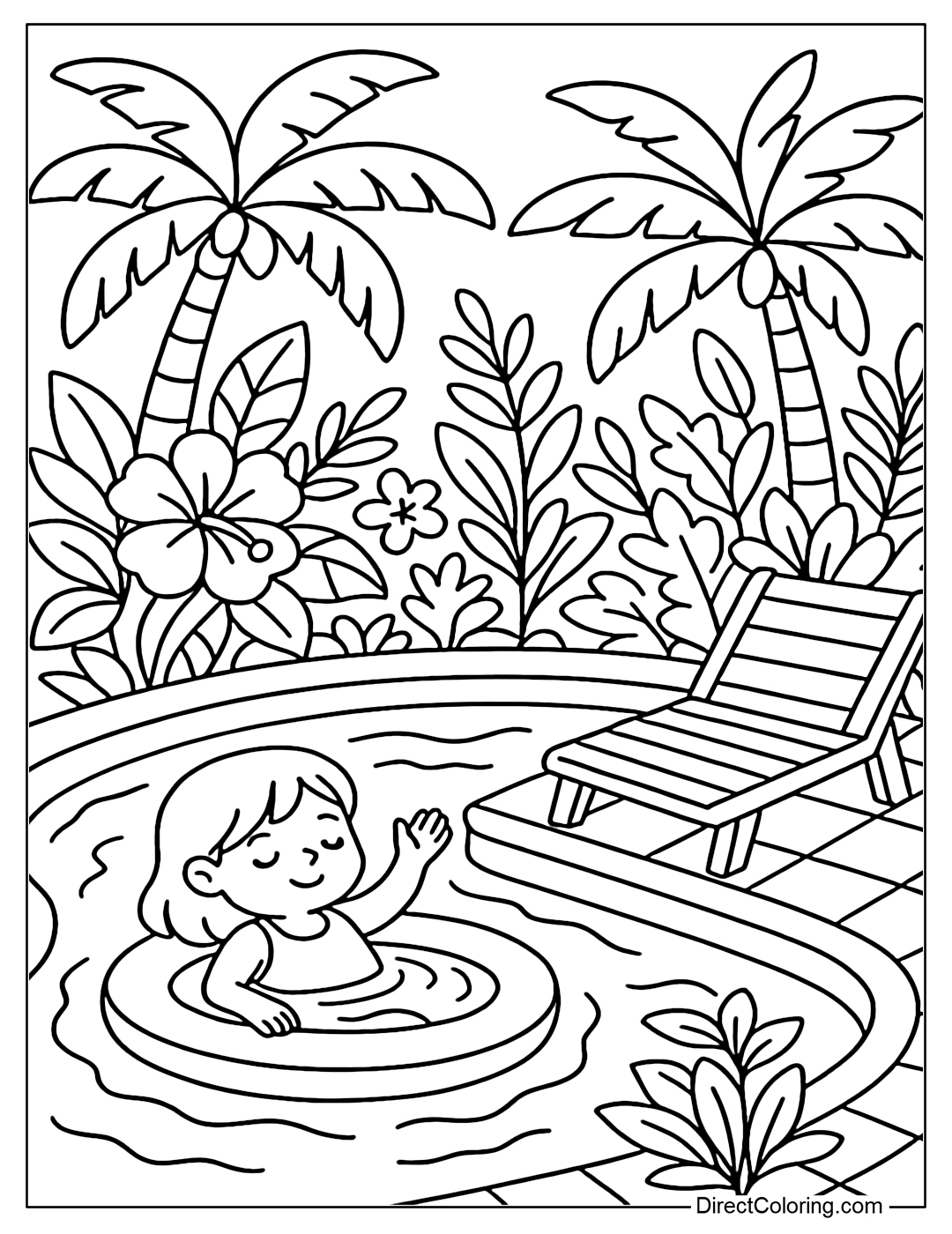 A coloring page of a small pool surrounded by palm trees, tropical flowers and wooden chairs, evoking a sense of relaxation.