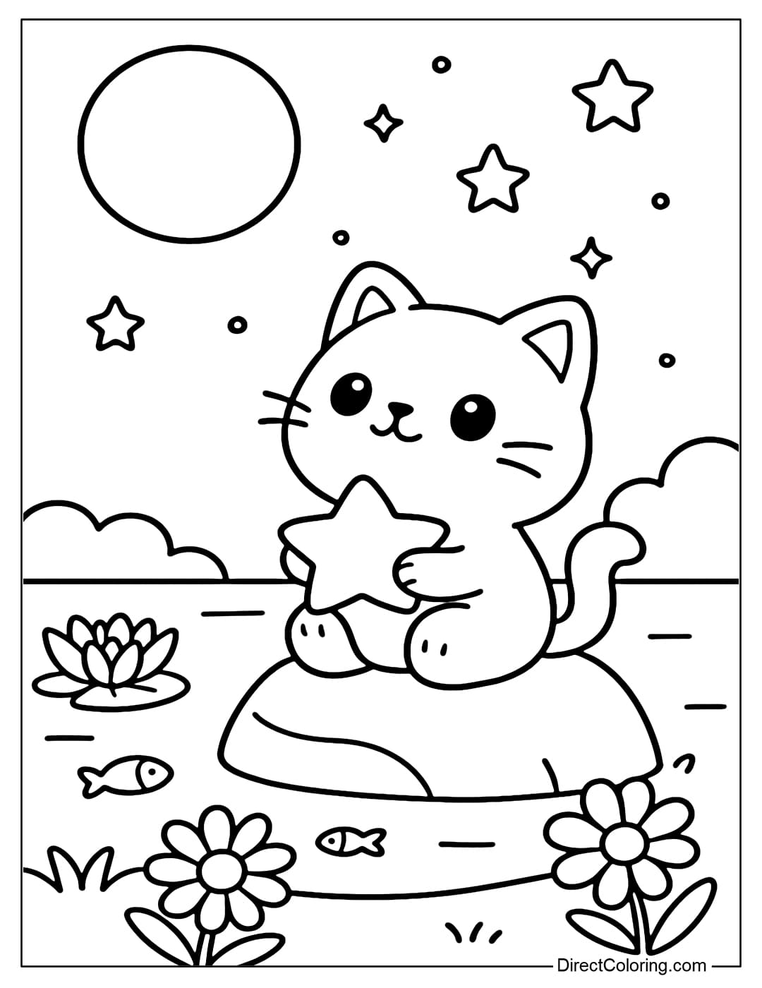 Coloring picture of a cat sitting on a rock by the lake, its eyes sparkling as it watches the bright moon and starry sky.
