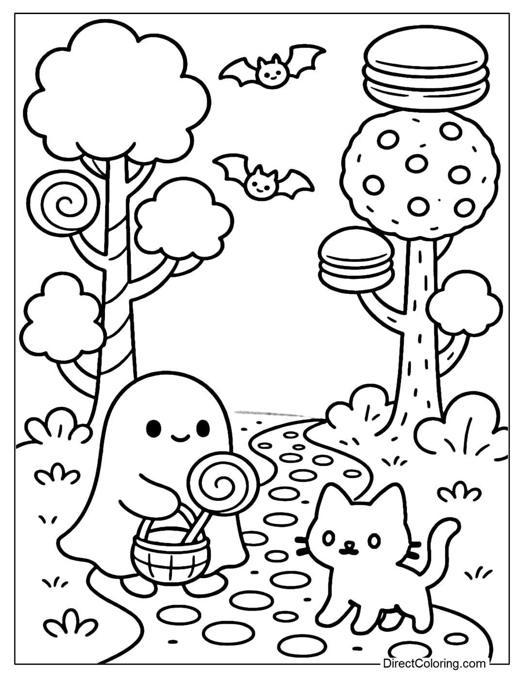 Magical candy forest coloring page, trees growing from candy swirls and chocolate cookies, cotton candy and macaron shaped foliage, little bats flying around.