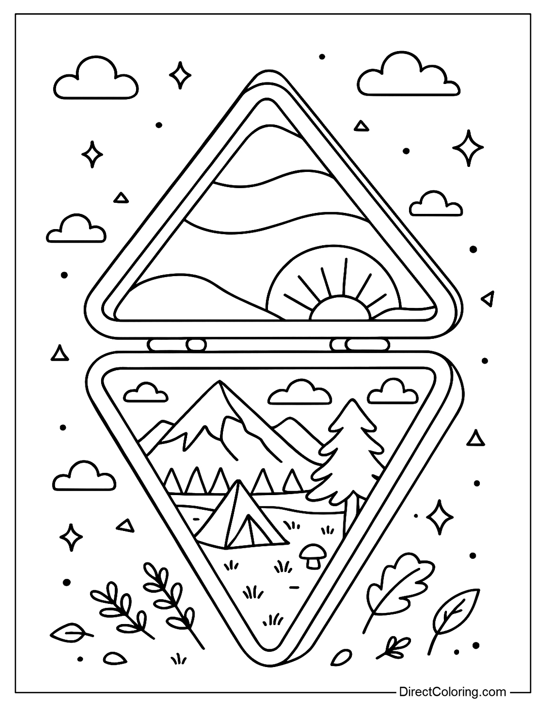a triangle compact coloring page that opens to a mountain landscape, tents, and a sunrise