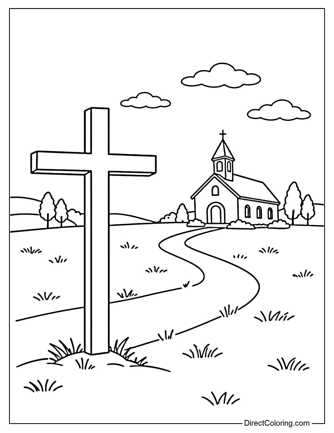 Coloring page of a cross standing in front of a small, simple church in the distance on the lawn.