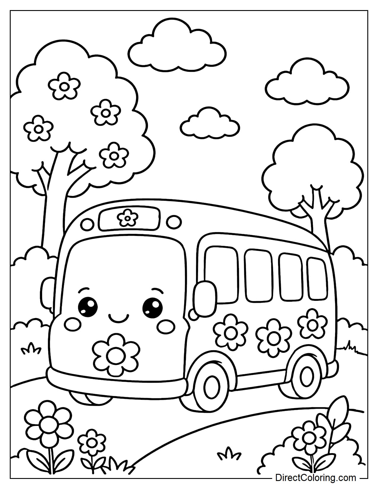 The round, cartoon-style bus has a smiling face, its body decorated with cute flowers of various sizes, surrounded by trees, flowers, and some clouds.