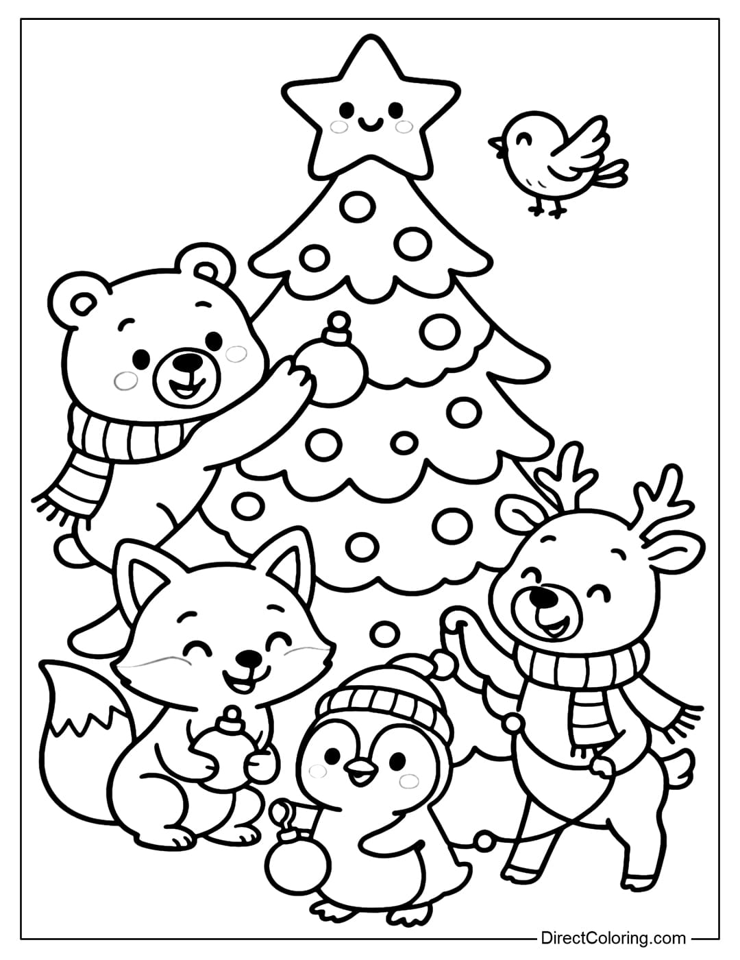 A pine tree coloring page decorated with small animals such as bears, foxes, penguins and reindeer.