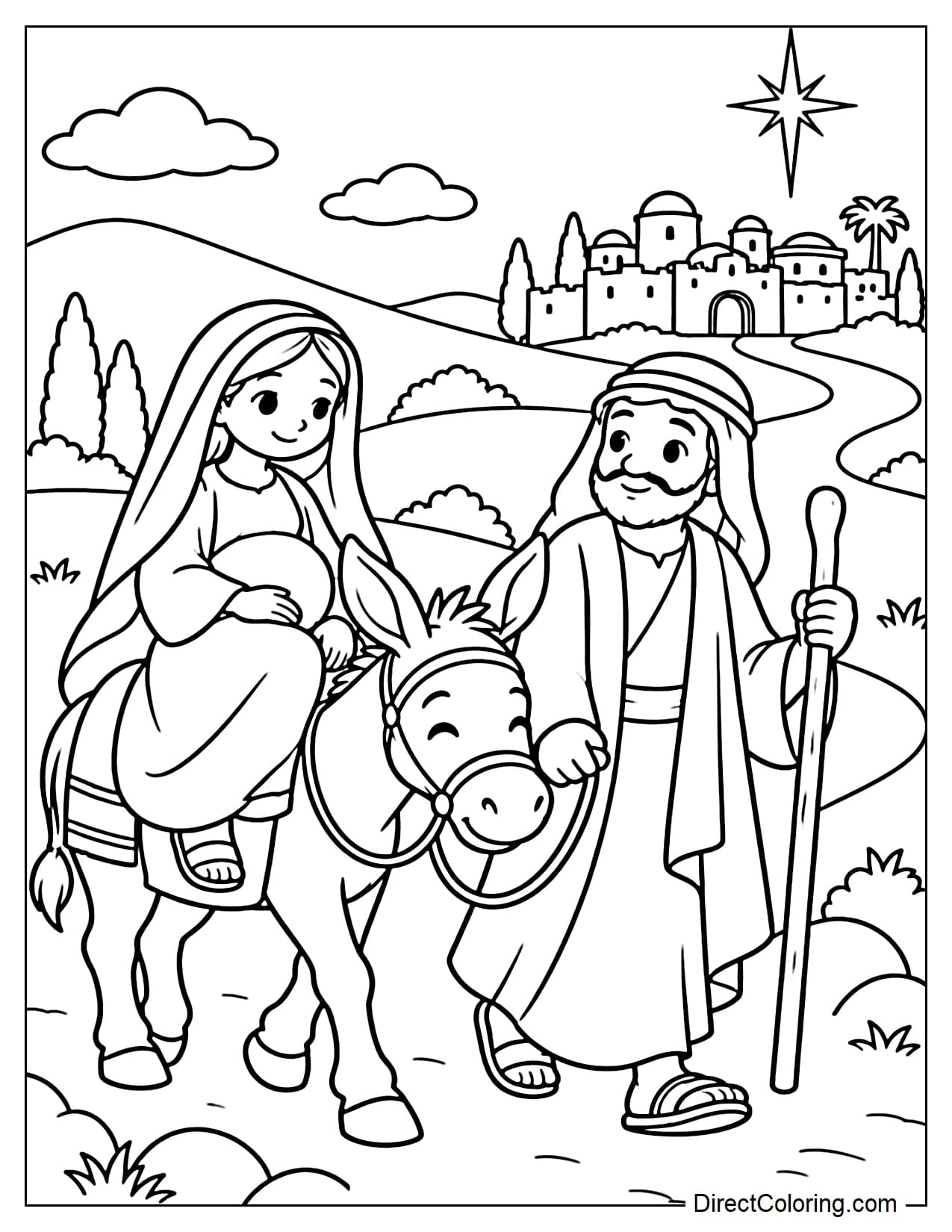 Mary riding a gentle donkey on the journey to Bethlehem, with Joseph walking beside her while carrying a staff.