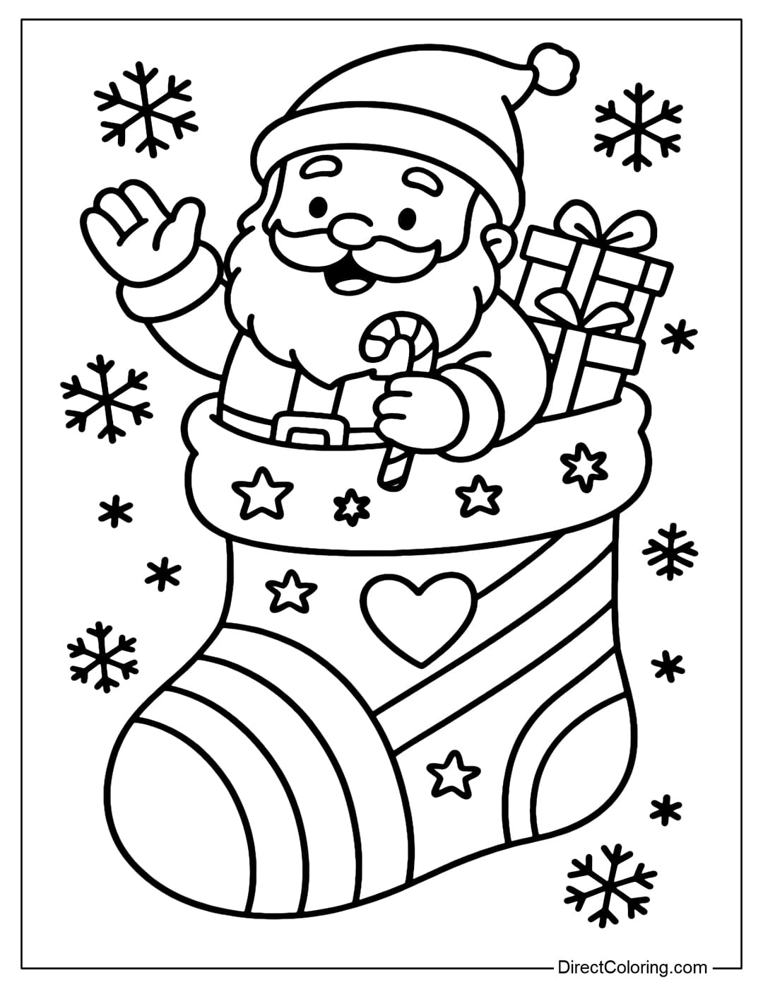 Santa in Christmas Stockings Coloring Page Santa Claus coloring page in a giant Christmas stocking.