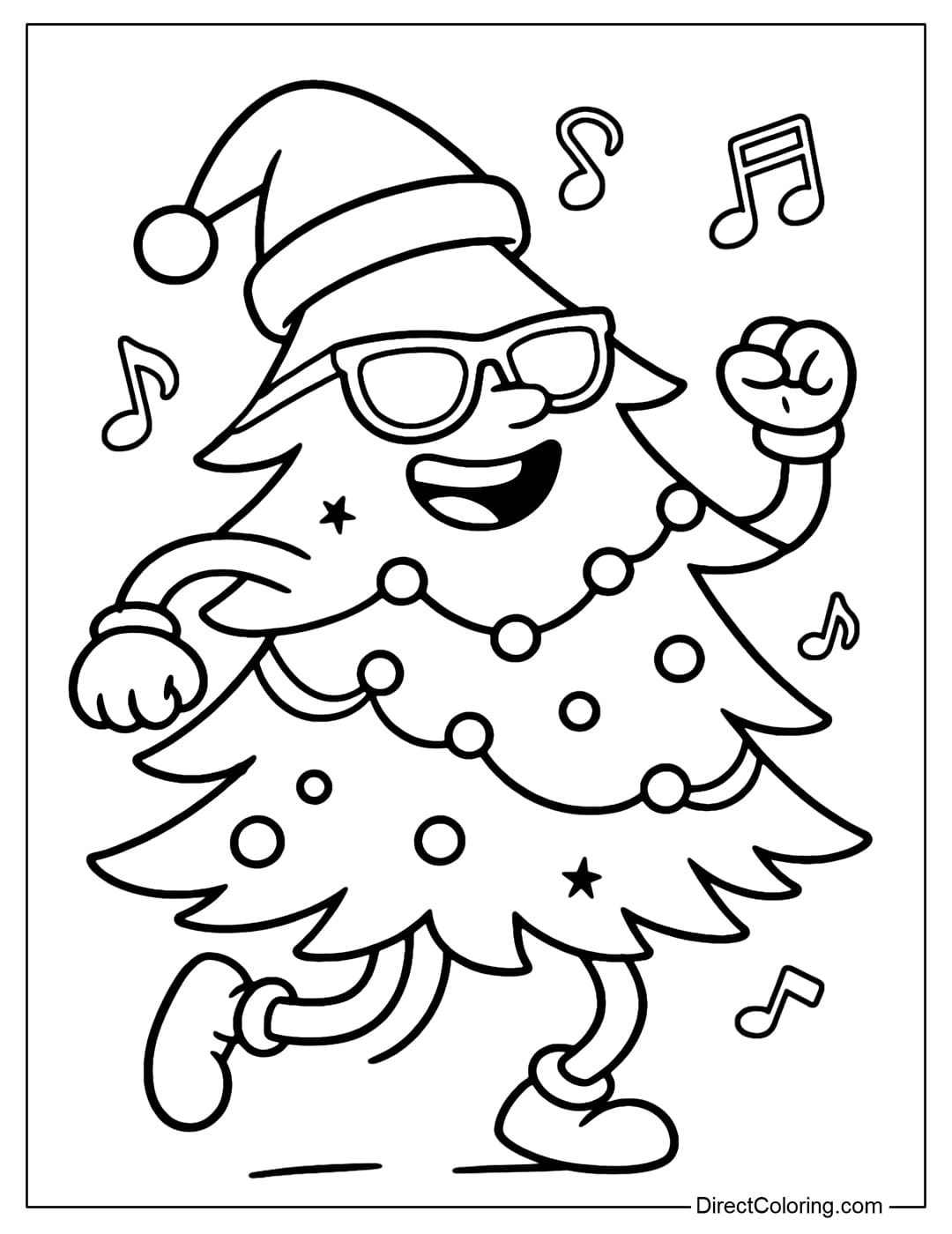 Coloring page of a dancing pine tree, swaying to the music, wriggling its limbs, wearing a Santa hat and sunglasses.
