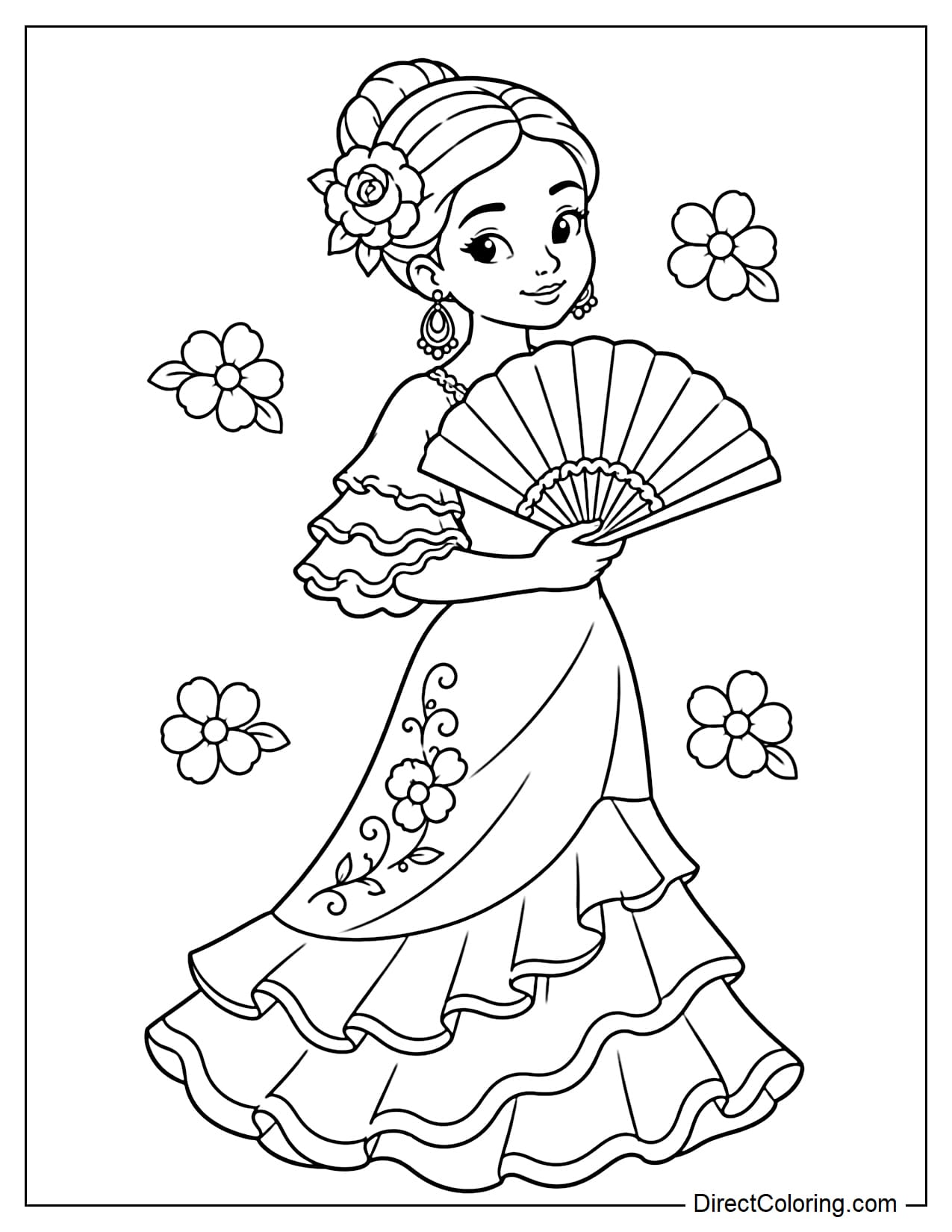 A Spanish girl holding a large fan, wearing a beautiful dress, with her hair neatly styled in a bun adorned with flowers, creating an elegant pose, surrounded by simple floral patterns.