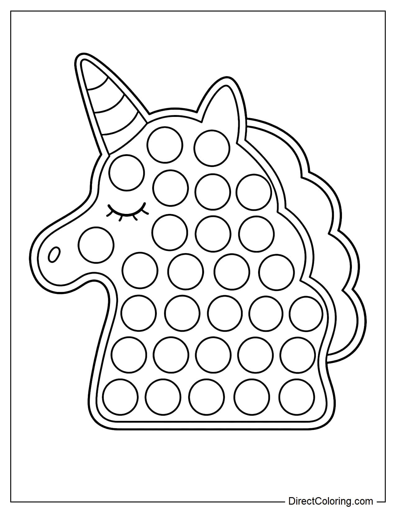A pop-it in the shape of a unicorn head with a small horn and a simple mane, with round bubbles evenly distributed across the face.