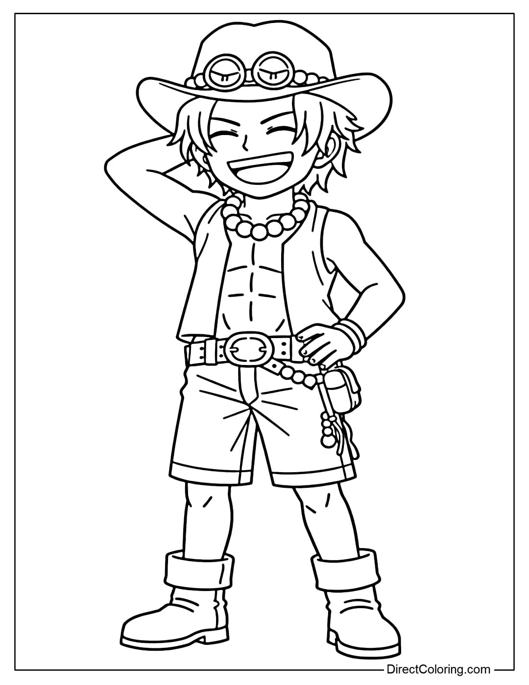 Ace is standing confidently, one hand behind his head and the other on his hip, a radiant smile, wearing a cowboy hat and a large beaded necklace.