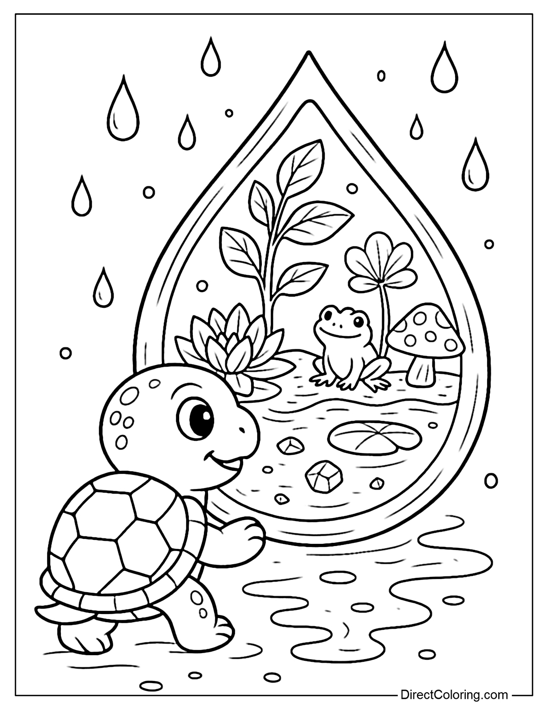 Coloring page of a little turtle stepping into a big sparkling raindrop, inside is a mini world with trees, lotus flowers, frogs and transparent mushrooms.