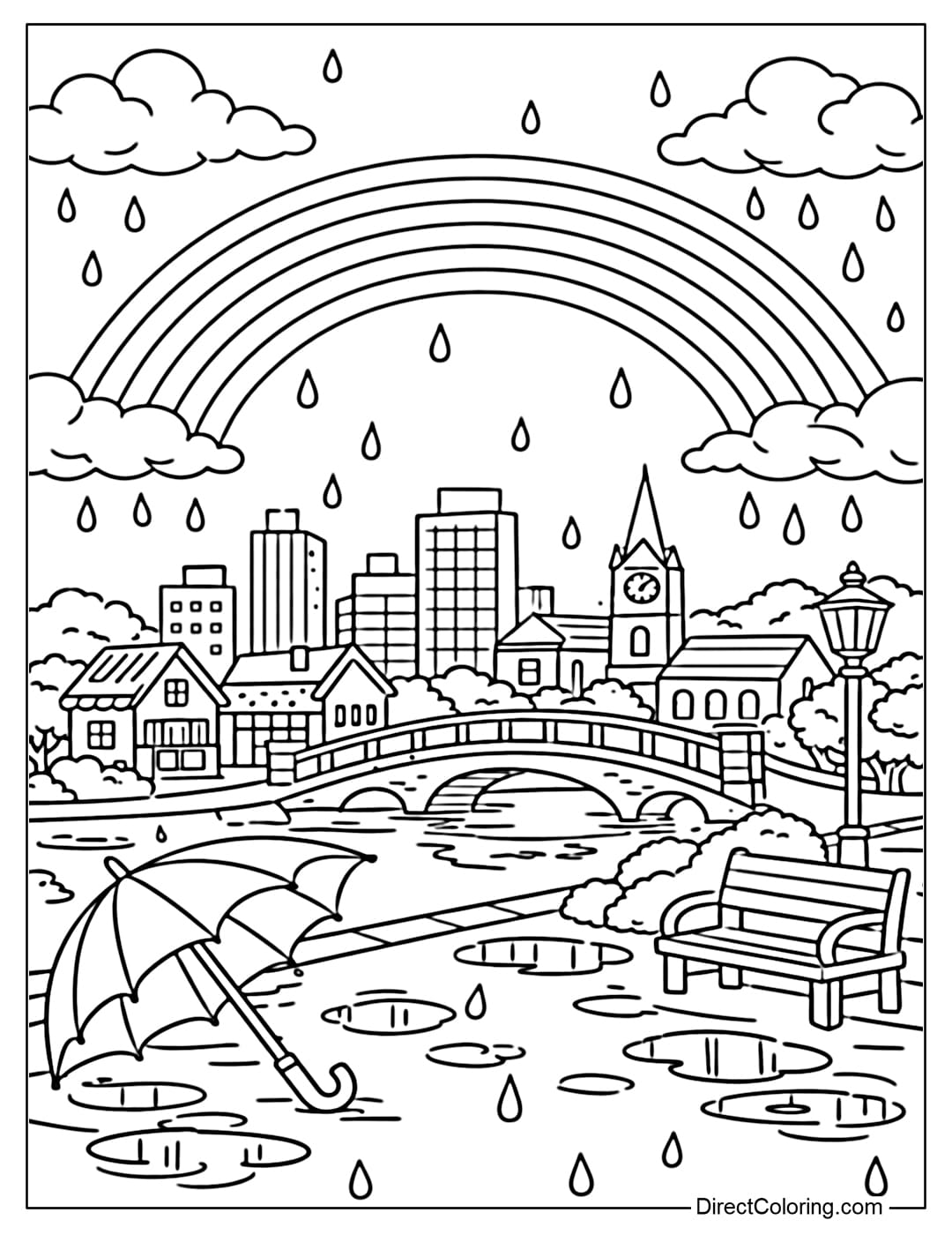 A coloring page depicting a peaceful city after a rain shower, complete with umbrellas, raindrops, and a large rainbow shining above the buildings.