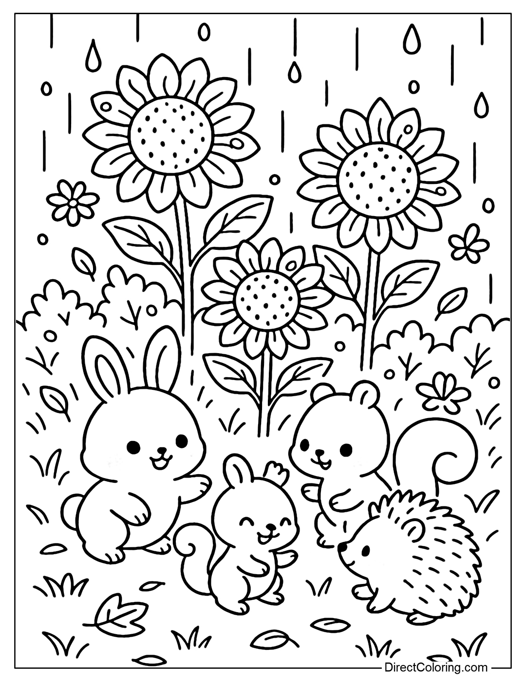 A group of small animals such as rabbits, squirrels, hedgehogs playing in a sunflower garden in the rain; raindrops linger on the petals.