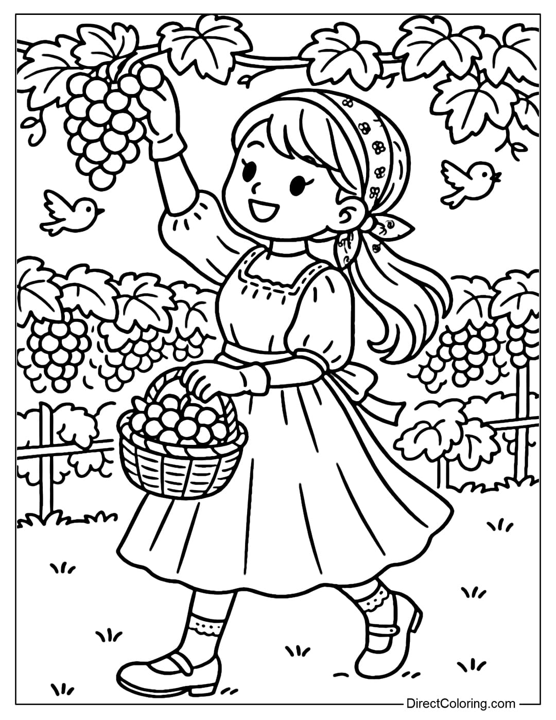 A farm girl harvesting grapes. Behind her is a long grape trellis and a few small birds flying around.