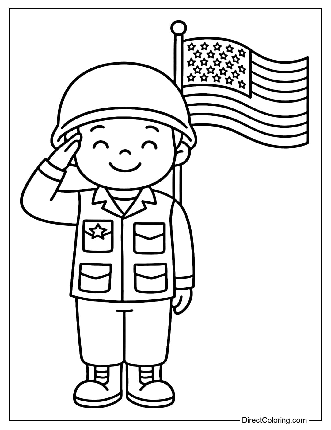 A coloring page of a smiling soldier in uniform, saluting the American flag.