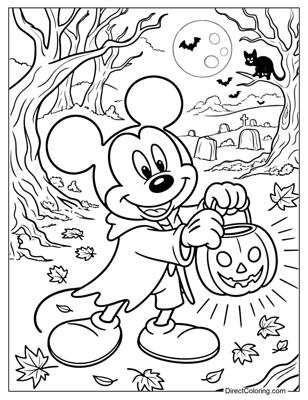 Mickey coloring page holding a pumpkin lantern, walking in the dry leaf forest and mysterious fog.