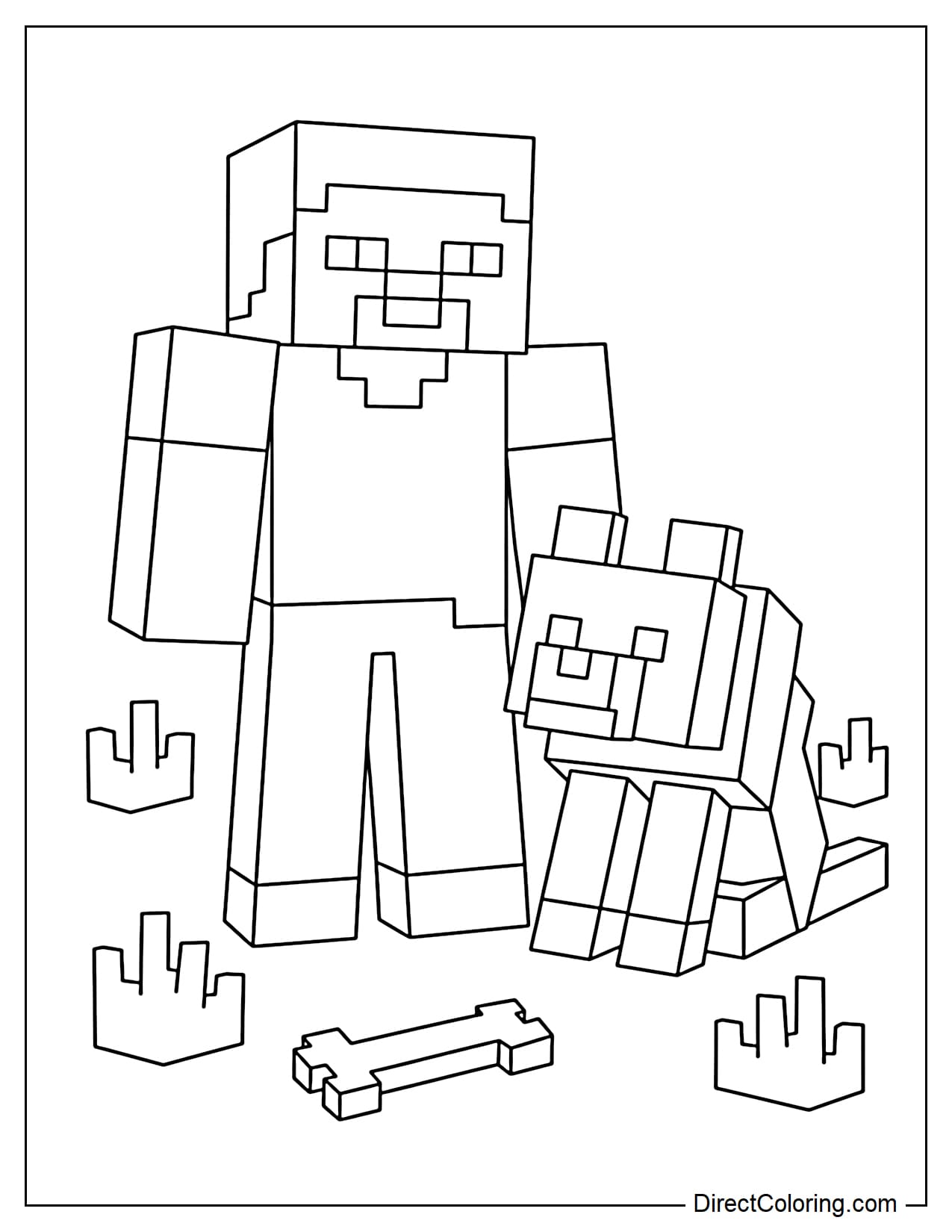 Steve stands beside a Minecraft wolf sitting calmly next to him, with a few grass blocks and a small bone nearby.