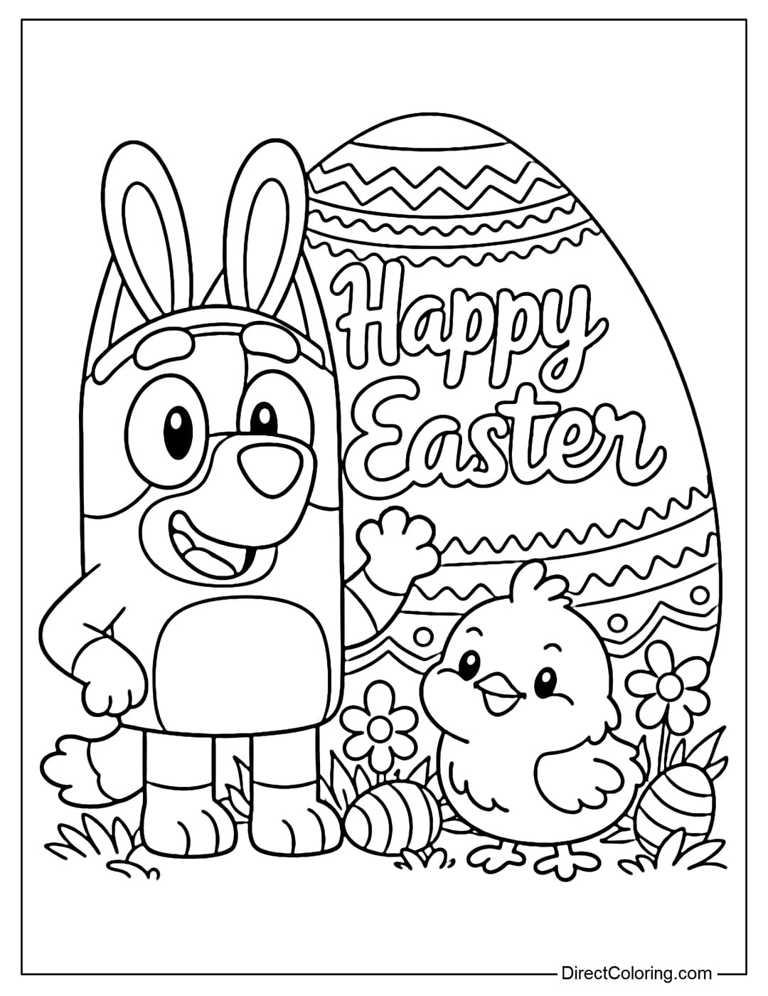 Bluey, wearing bunny ears, is standing next to a cute chick, with a giant Easter egg behind them that says 