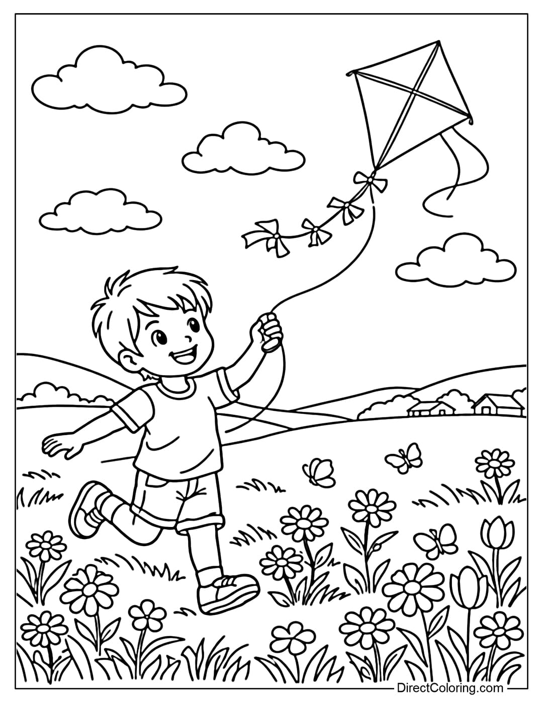 A coloring page of a boy flying a kite in a field with flowers and clouds.