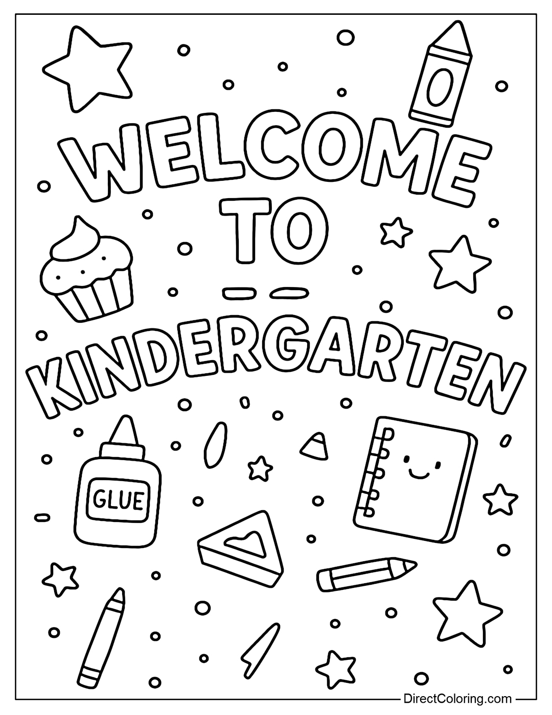 A coloring page of a classroom board with the words Welcome to Kindergarten, decorated with cupcakes, stars and other supplies.
