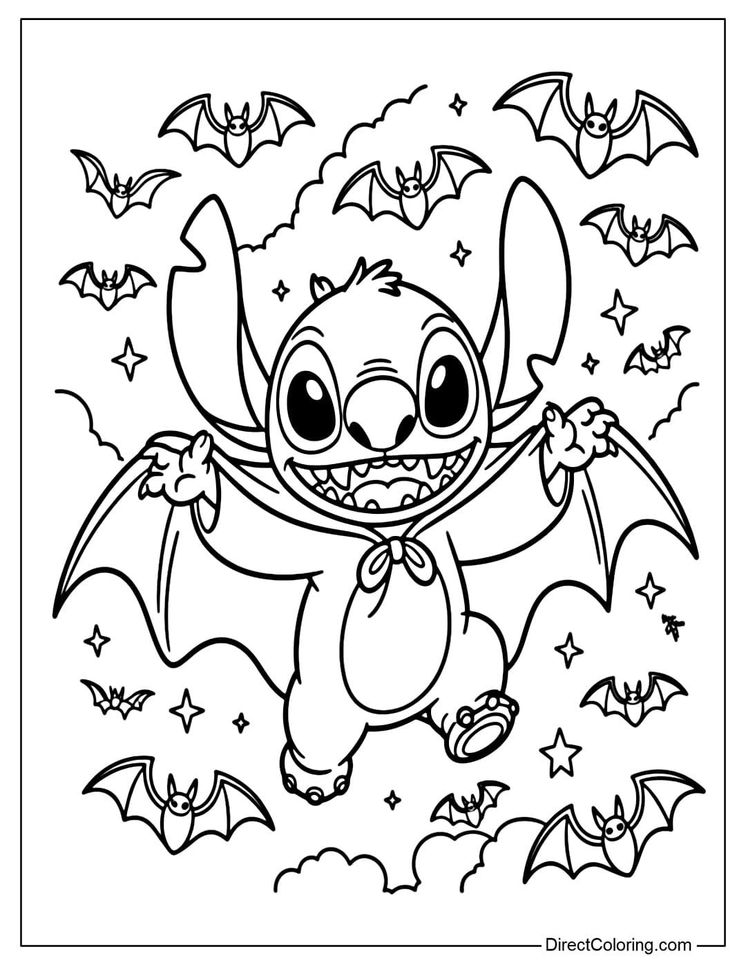 Coloring page Stitch dressed as a little vampire with a black cape and cute fangs.