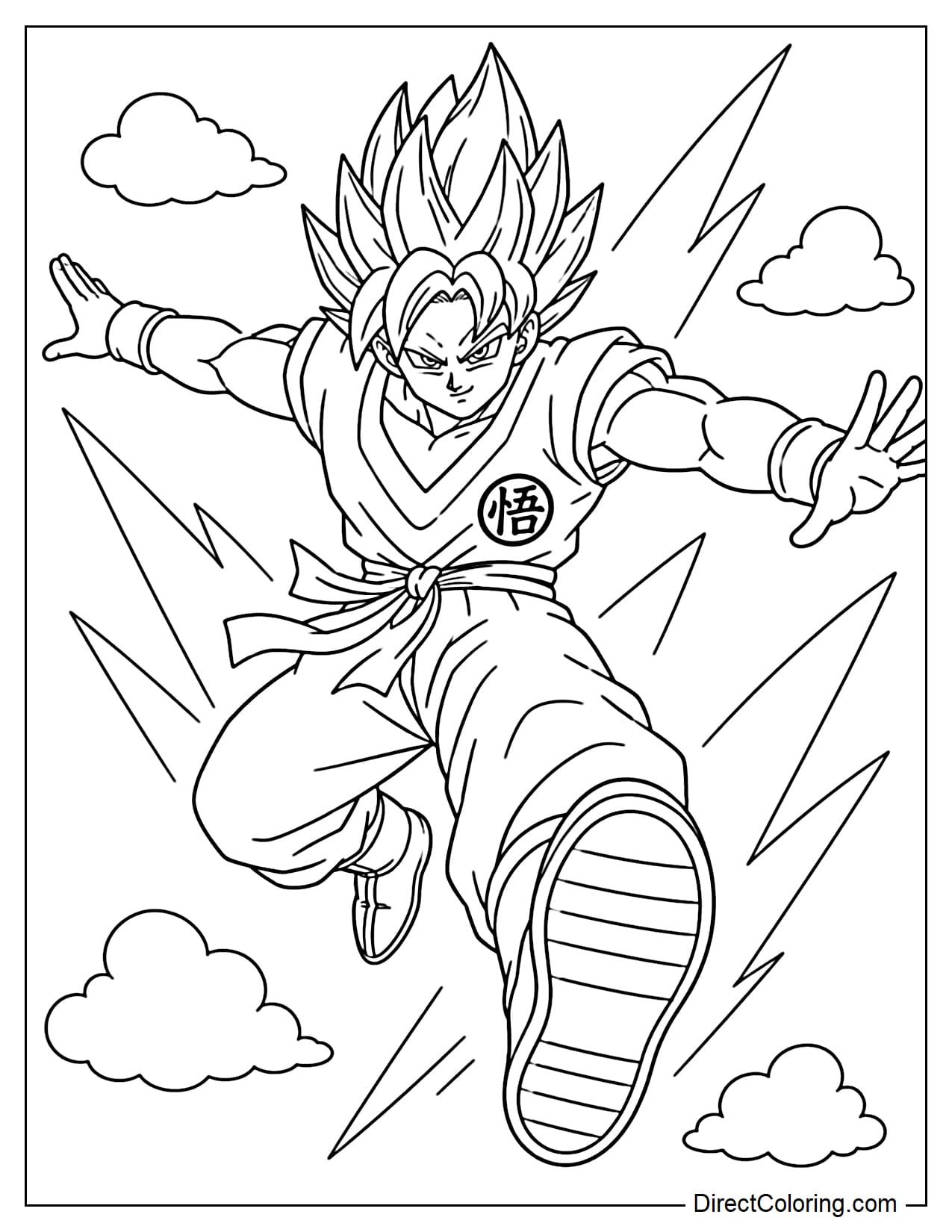 Goku in Super Saiyan Blue form is throwing a diagonal flying kick downwards, one leg extended straight forward, the other bent, arms outstretched to the sides.
