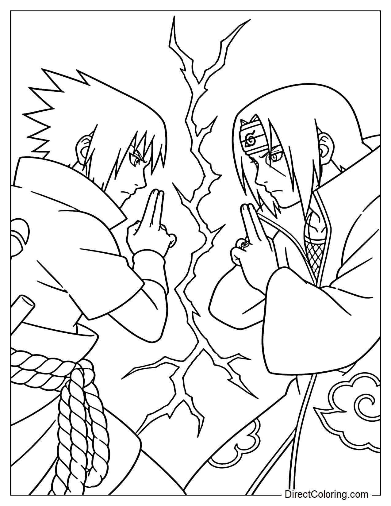 Sasuke Uchiha and Itachi Uchiha in a tense confrontation, both striking their signature poses, with several energy lines between them.