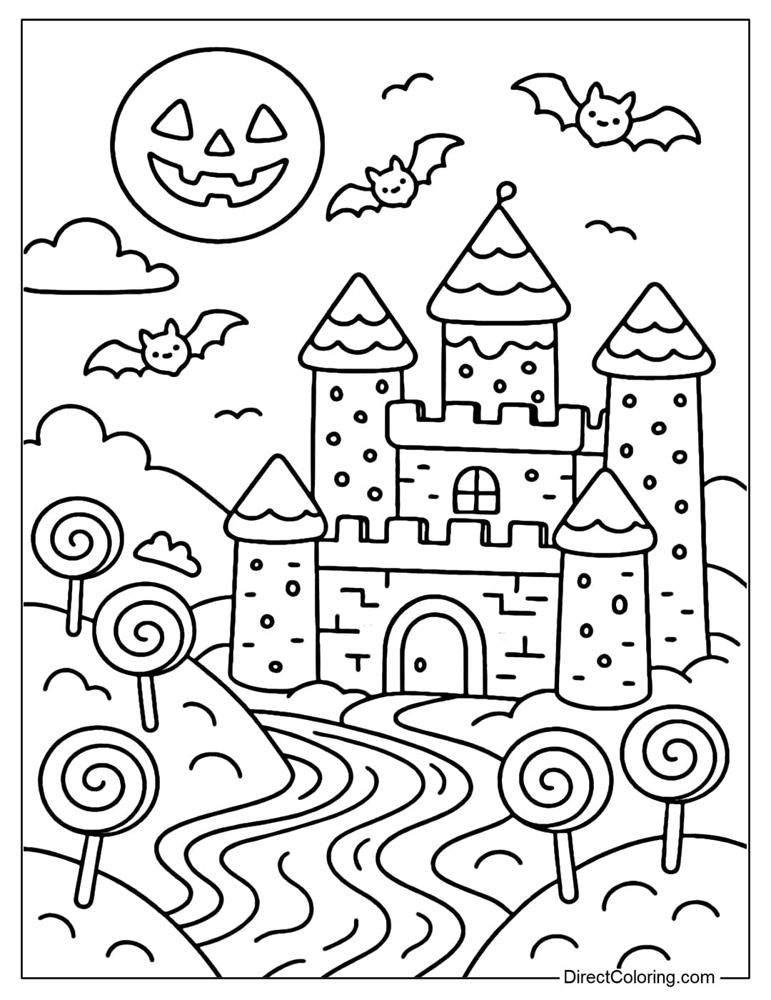 Coloring page of the Halloween candy kingdom panorama, with a castle made of chocolate and cookies, a caramel river flowing around, lollipop hills.