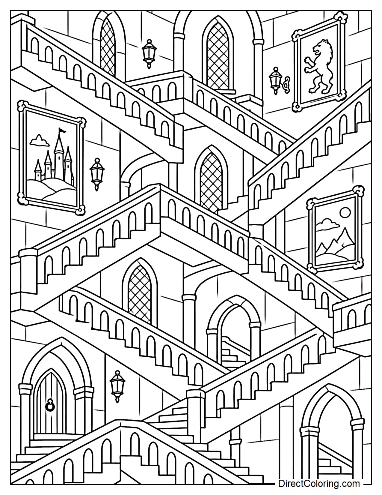 The magical staircases inside Hogwarts intersect at different heights and angles, with several large framed portraits and arched doorways along the stone walls.