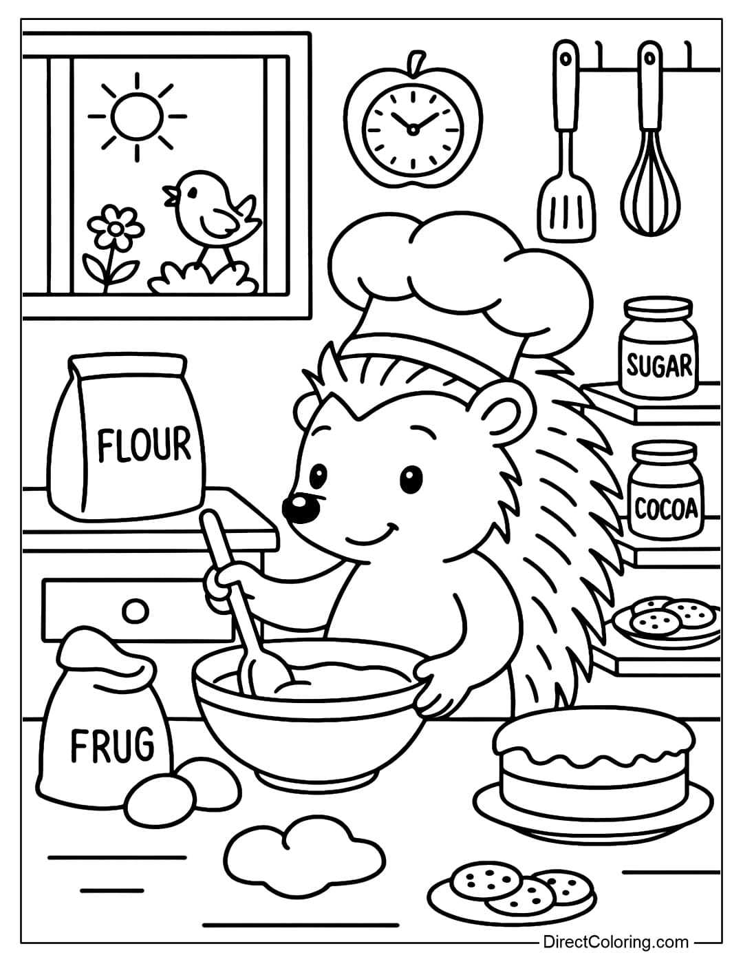 Hedgehog Baking Coloring Page Coloring page of a lovely hedgehog wearing a chef's hat, making cakes.