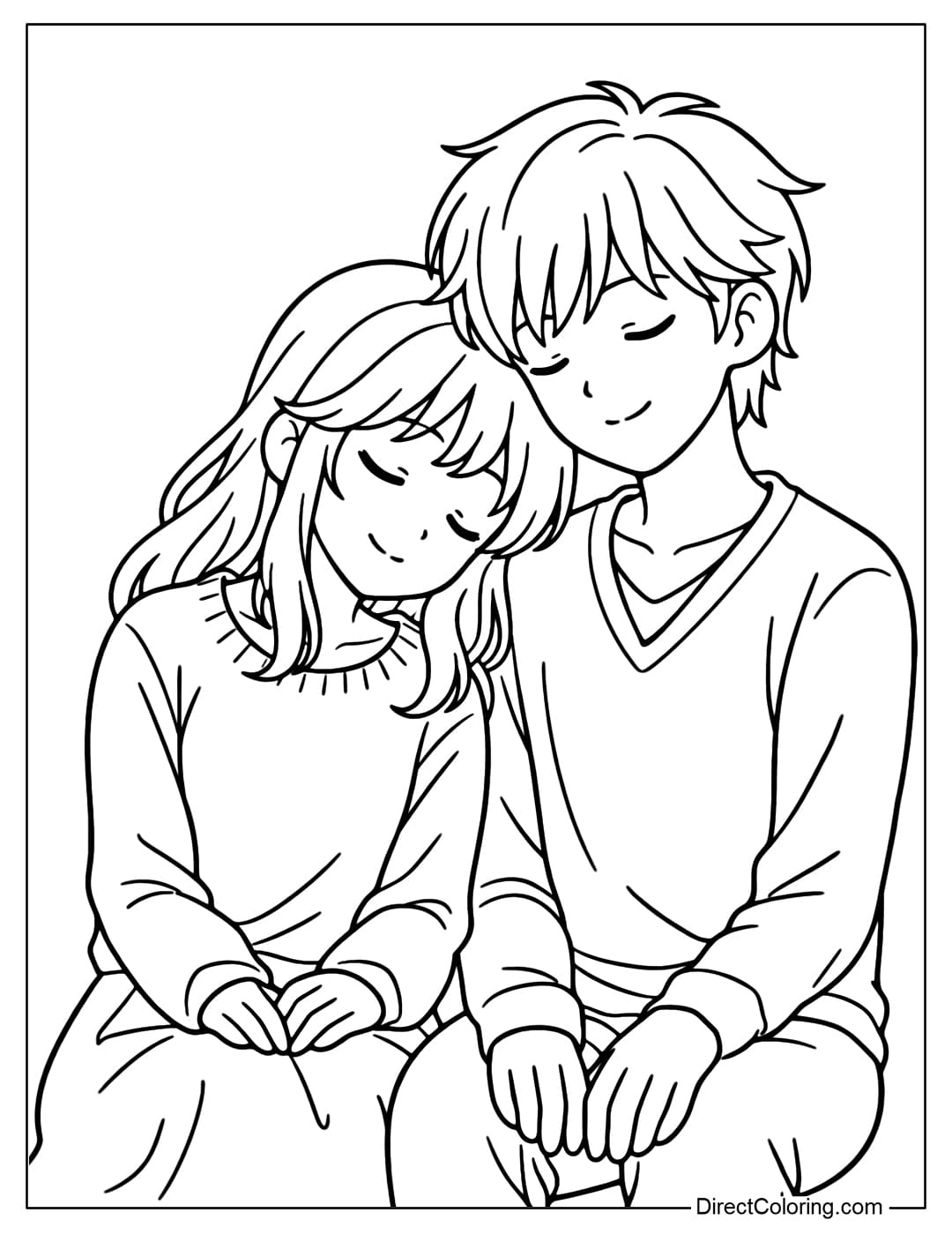 Coloring page of a girl peacefully resting her head on a boy's shoulder.