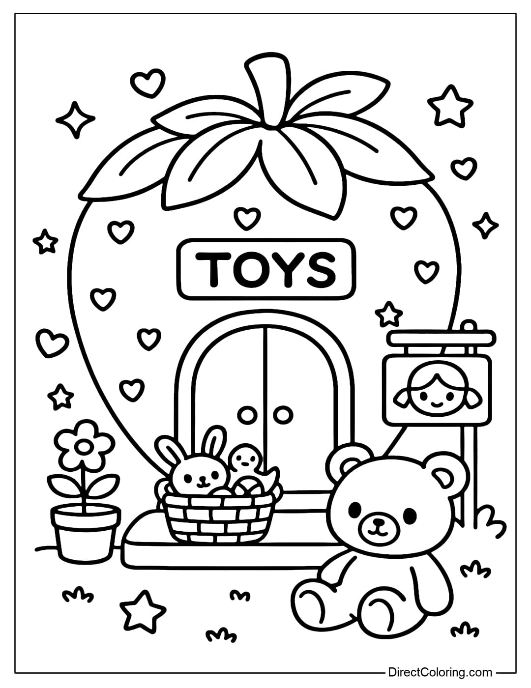 Strawberry Toy Shop Coloring Page Coloring Page Giant strawberry shop, roof is green leaves. The main door is small and cute, surrounded by rabbits and mini teddy bears playing.