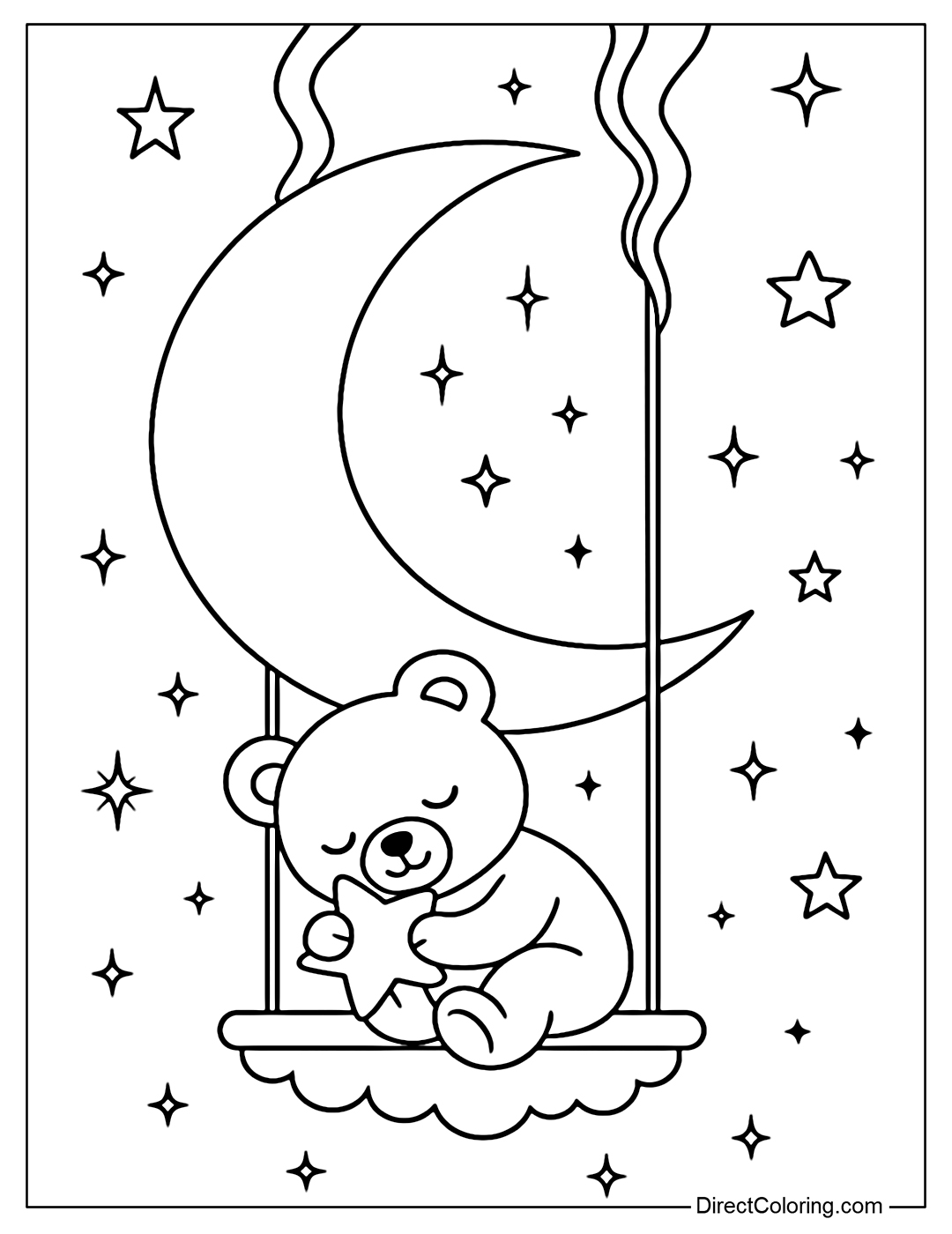 Coloring page of a swing under the crescent moon, a teddy bear hugging a small star and dozing.