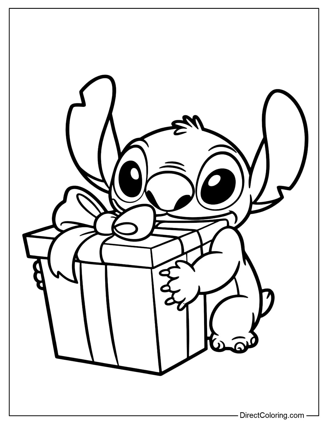 Coloring page Stitch hugging a big gift box with a big bow.