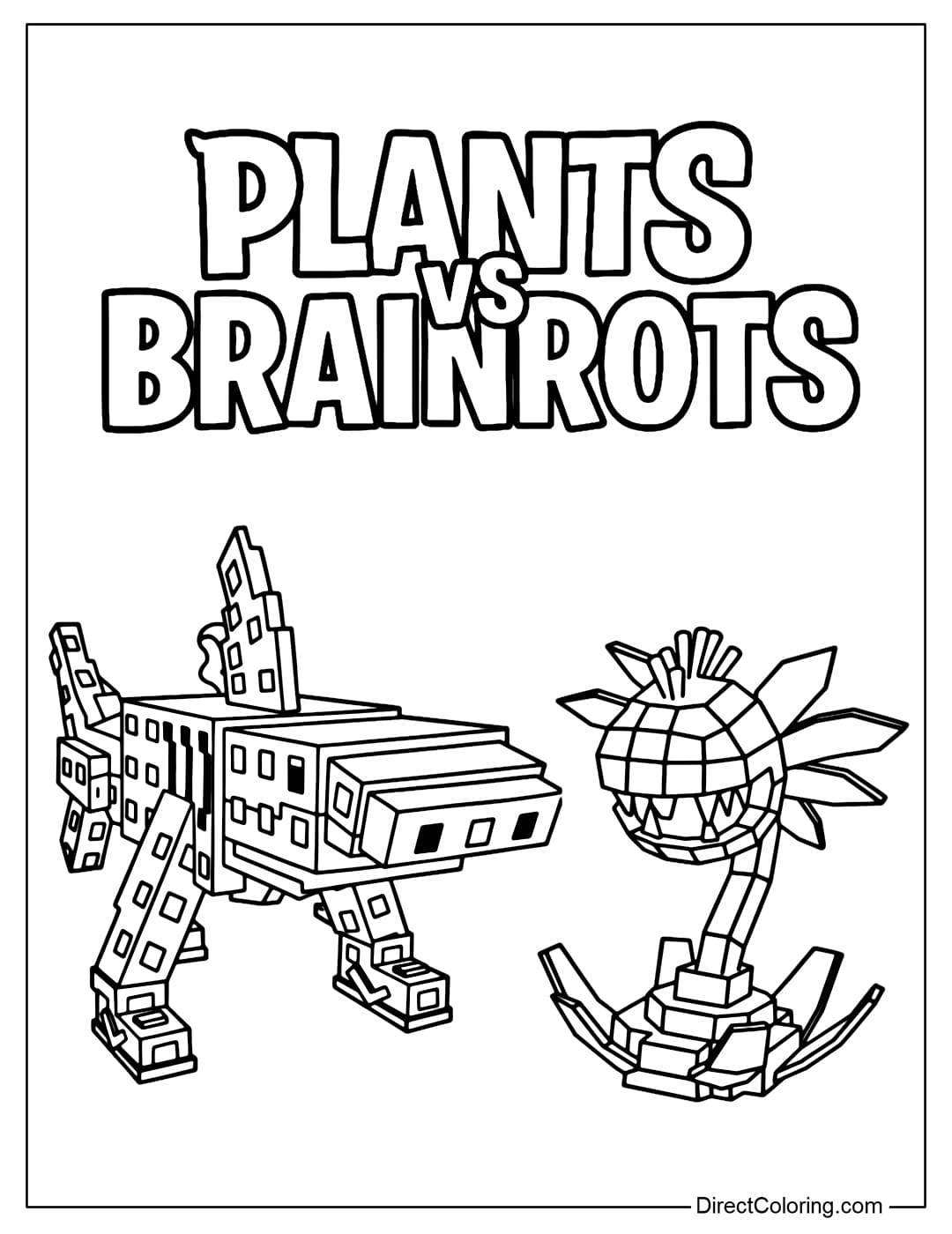 Coloring page of characters in the game Plants vs Brainrots: Tralalero Tralala vs Carnivorous Plant.