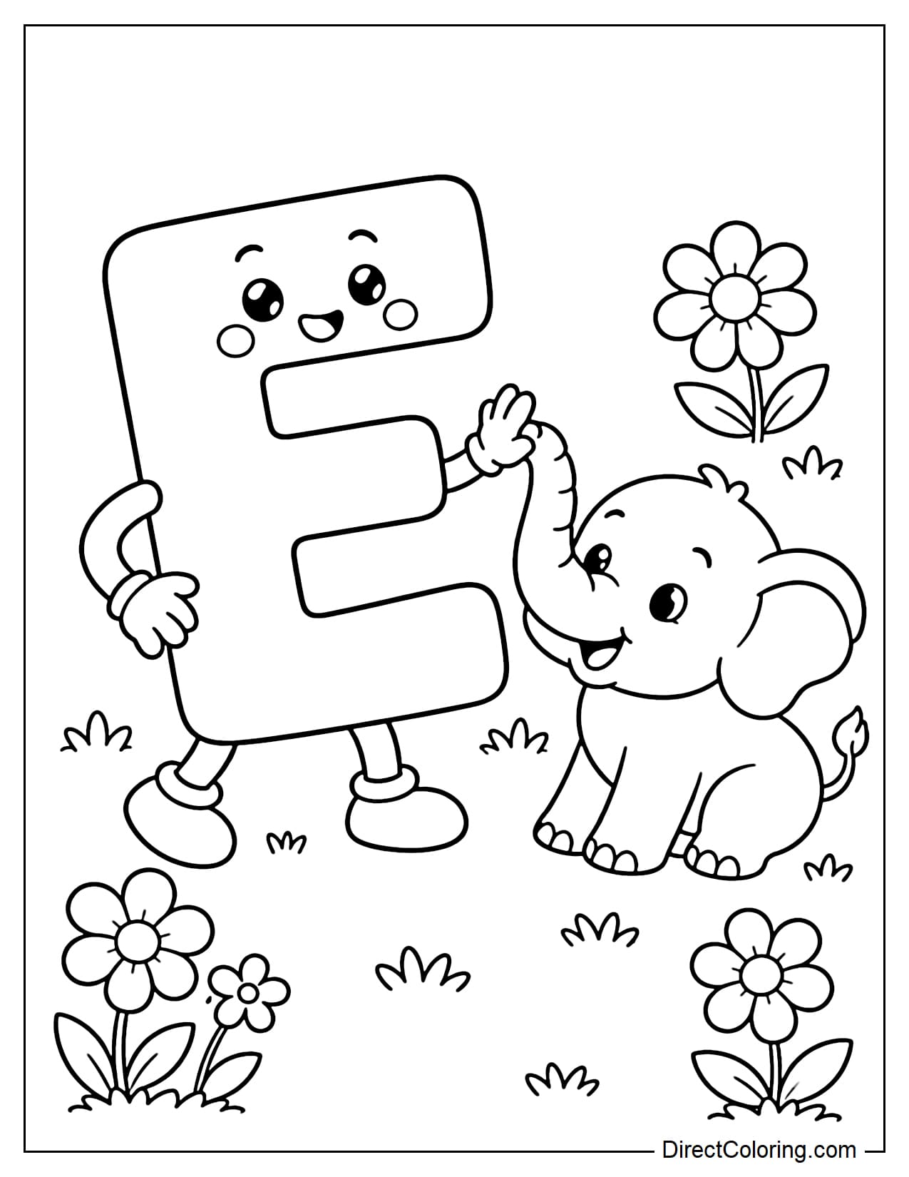 The adorable letter E is playing with a cute little elephant, surrounded by simple flowers and grass.