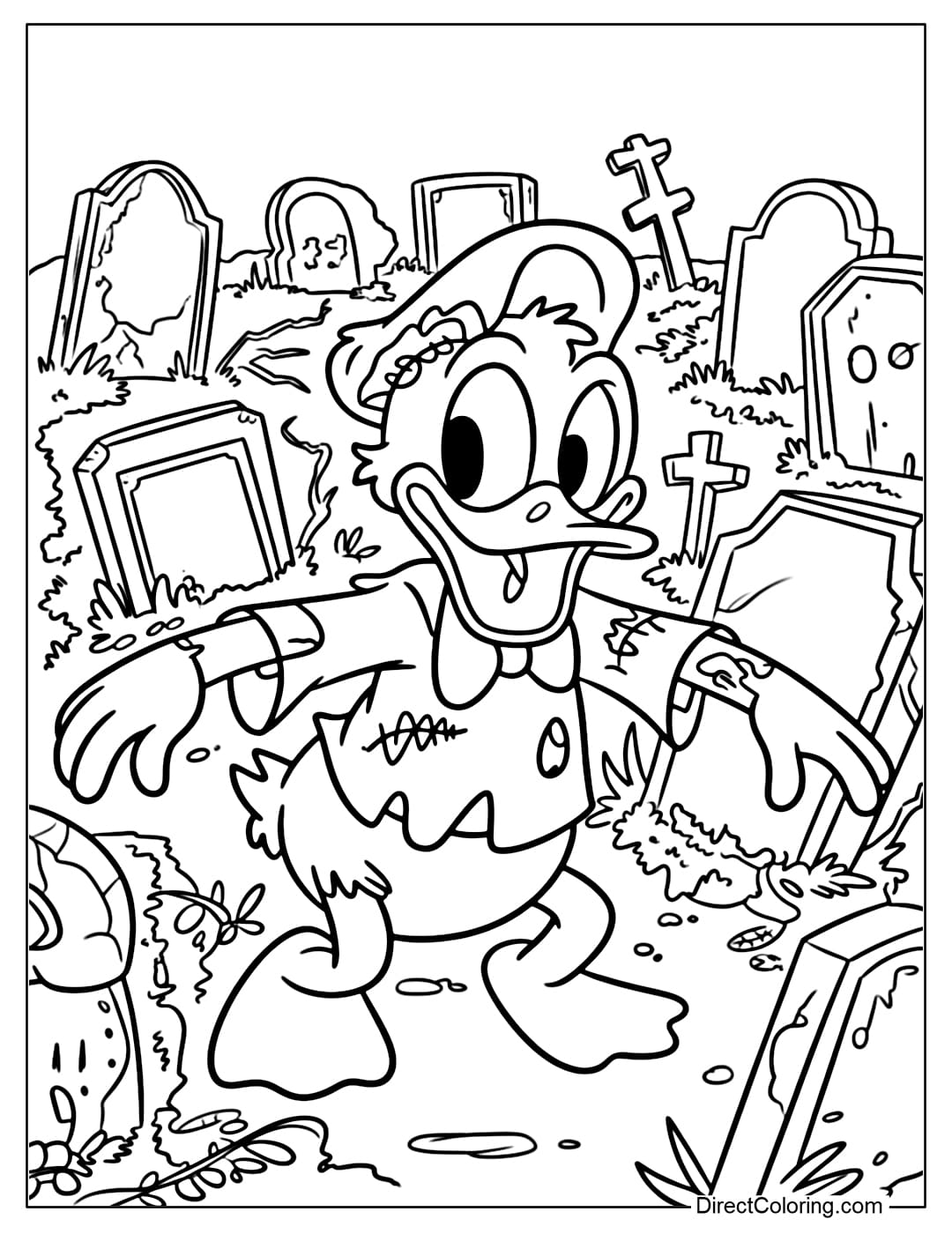 Donald Duck coloring page in the form of a silly zombie, torn clothes, staggering in the cemetery.
