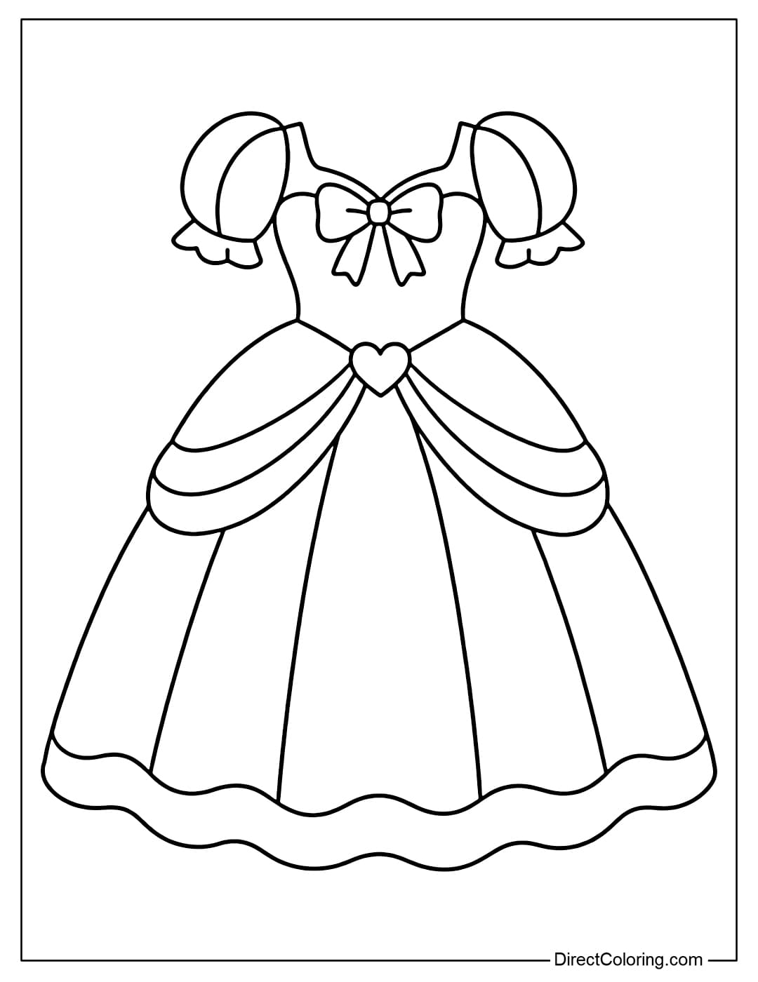 A coloring page of a large princess dress with a bow and puffy sleeves.