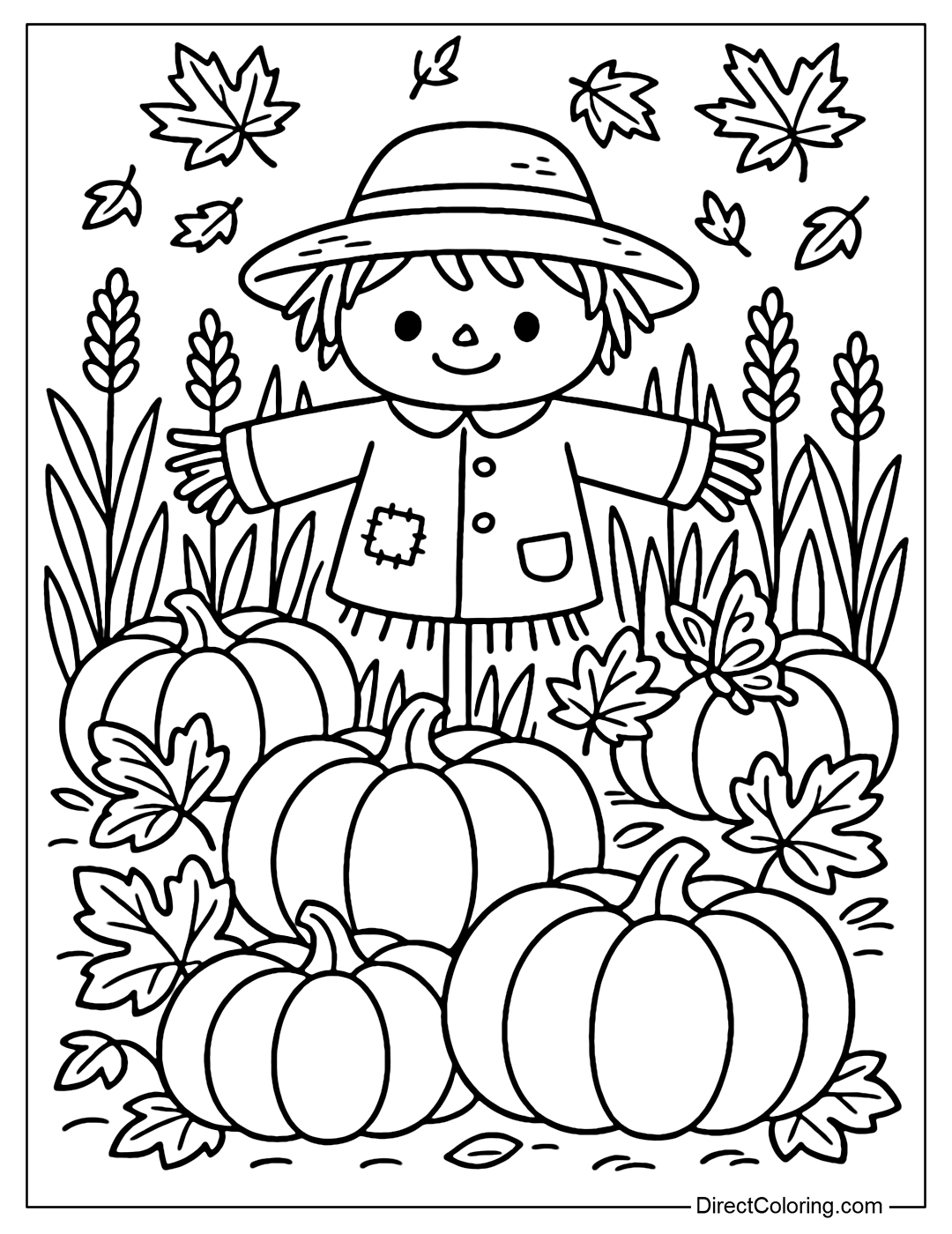 Coloring page of pumpkins around a scarecrow in a straw hat in a golden field.