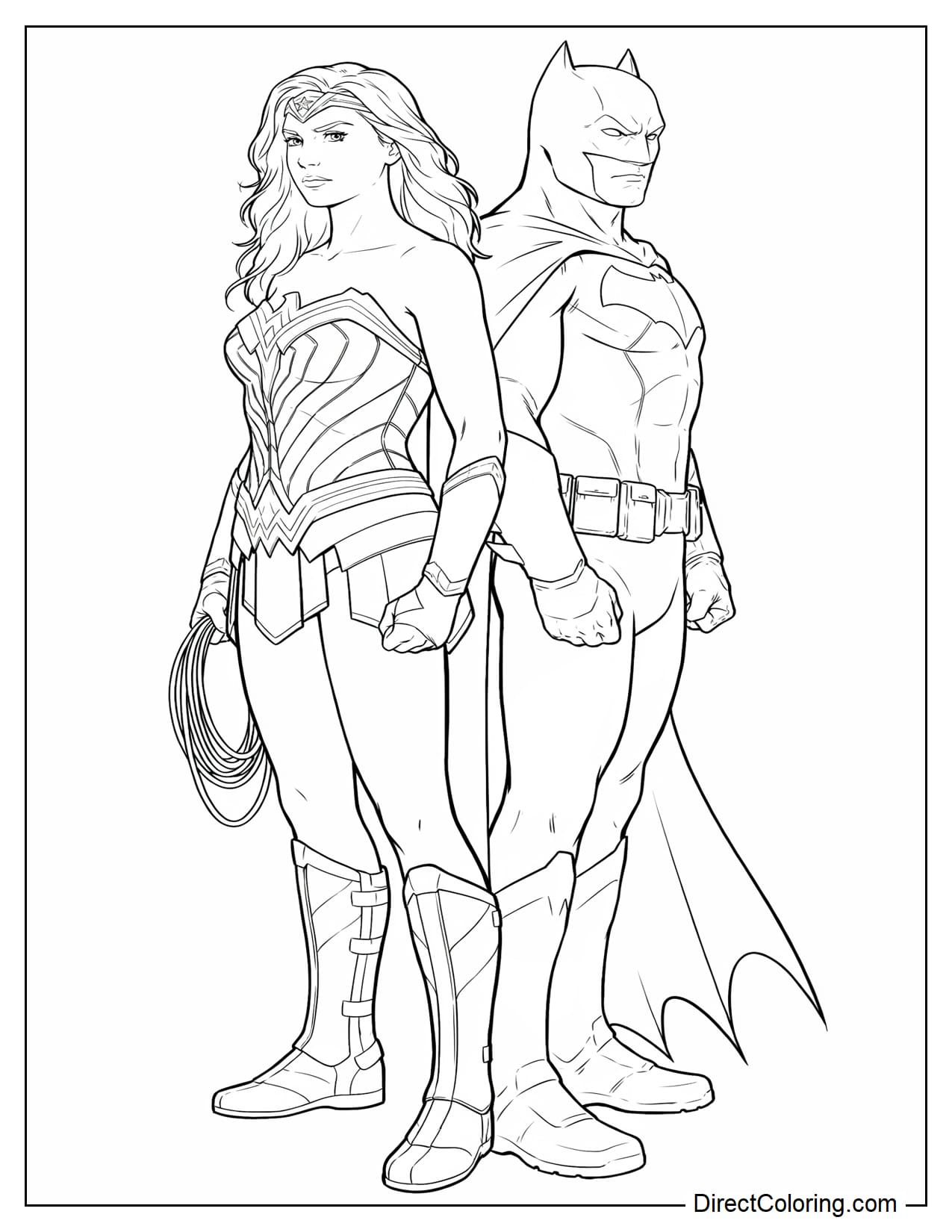 Wonder Woman and Batman stand back to back, leaning slightly against each other. Wonder Woman holds a large curved section of her Lasso of Truth beside her, while Batman stands upright with both fists clenched.