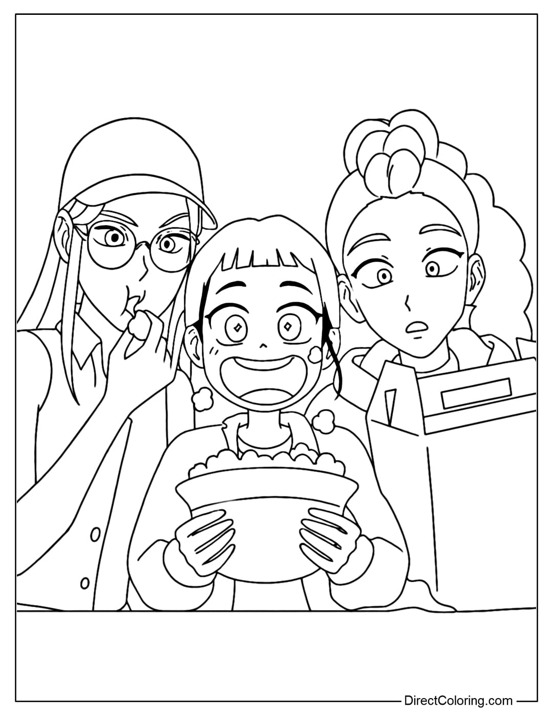Kpop Demon Hunters Rumi, Zoey, and Mira coloring page is cute and funny and eating snacks together.