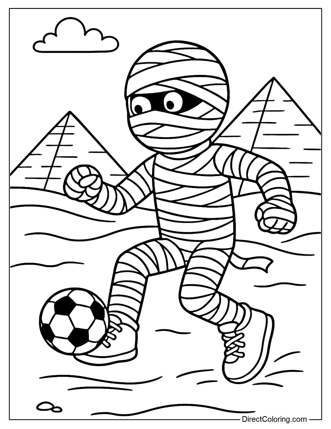 A mummy coloring page wearing sneakers, kicking a ball in the desert with a pyramid in the distance.