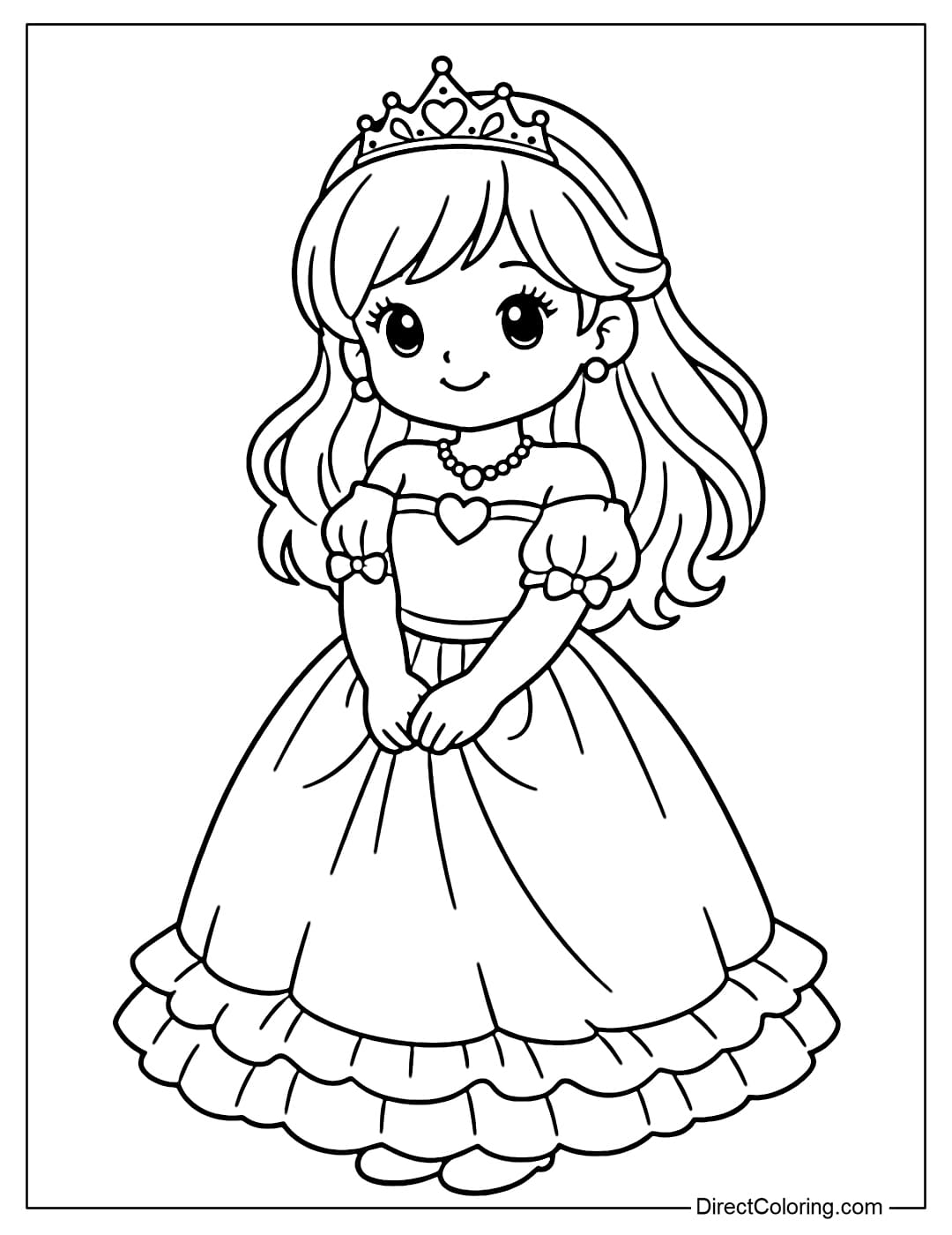 A coloring page of a princess standing in a cute pose with her hands in front of her dress.