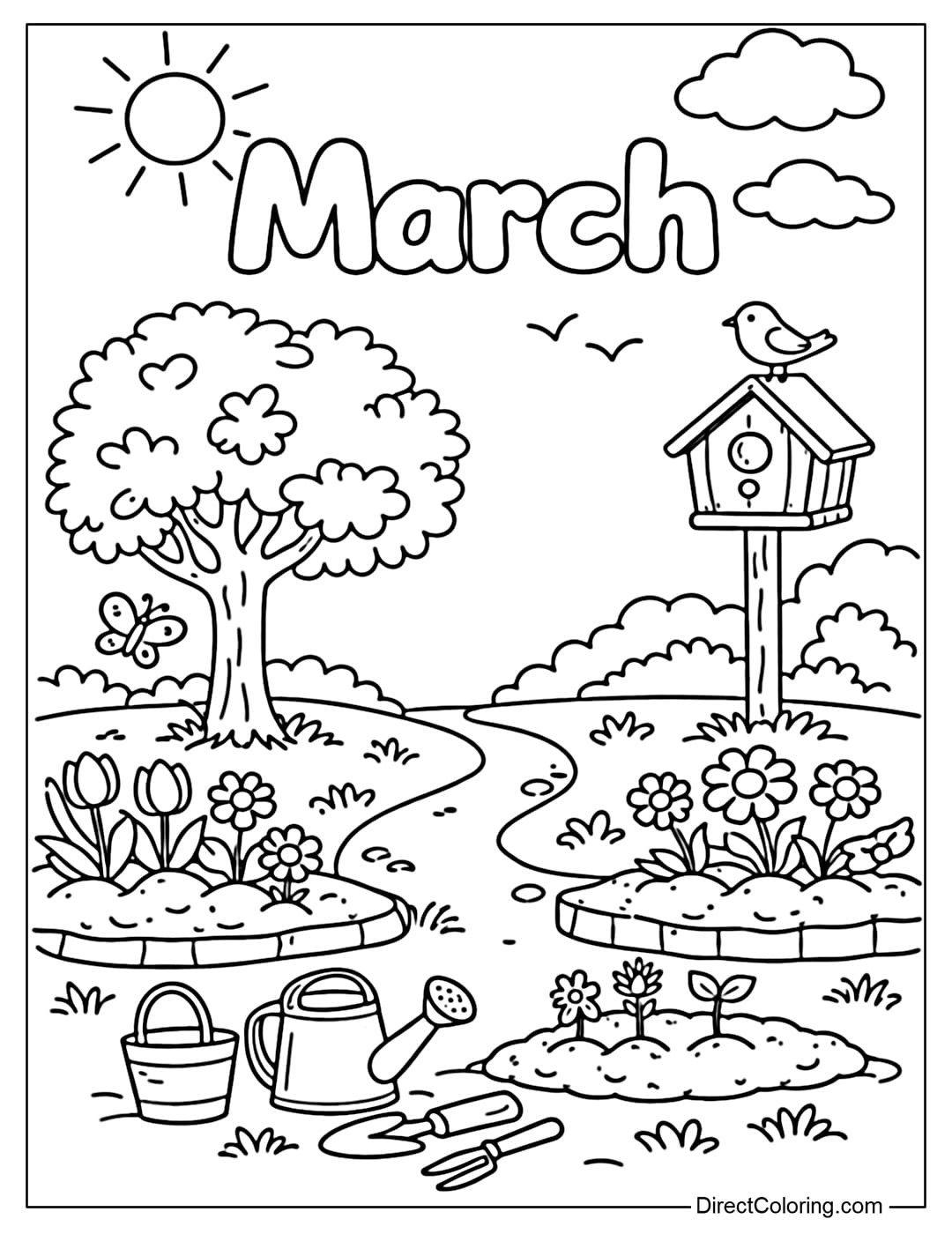Coloring page of a spring garden with simple plants, flowers, and flowerbeds, with the word 