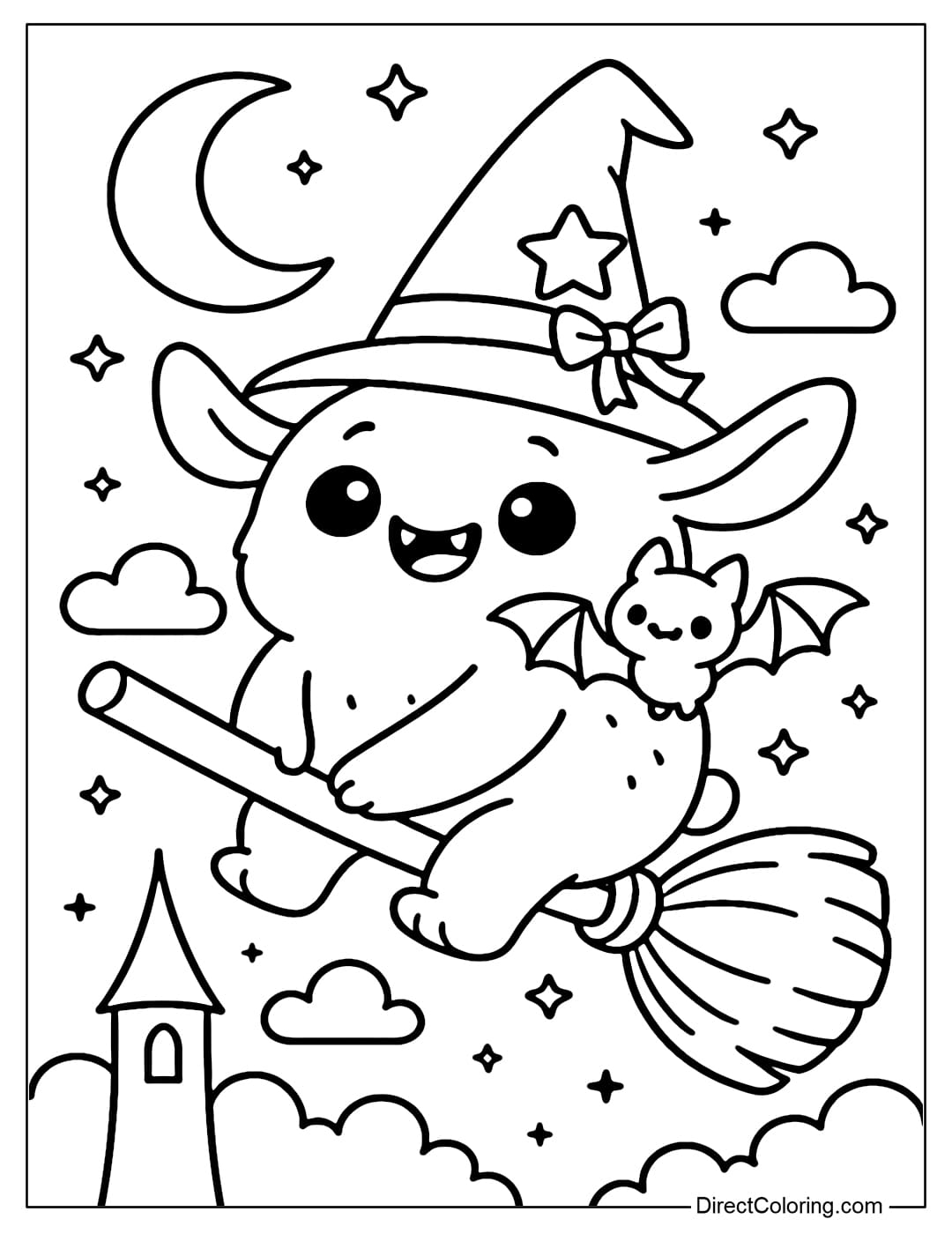 Coloring page of a funny witch monster, wearing a pointed hat, riding a broomstick flying on a crescent moon background, surrounded by a few stars and floating clouds.