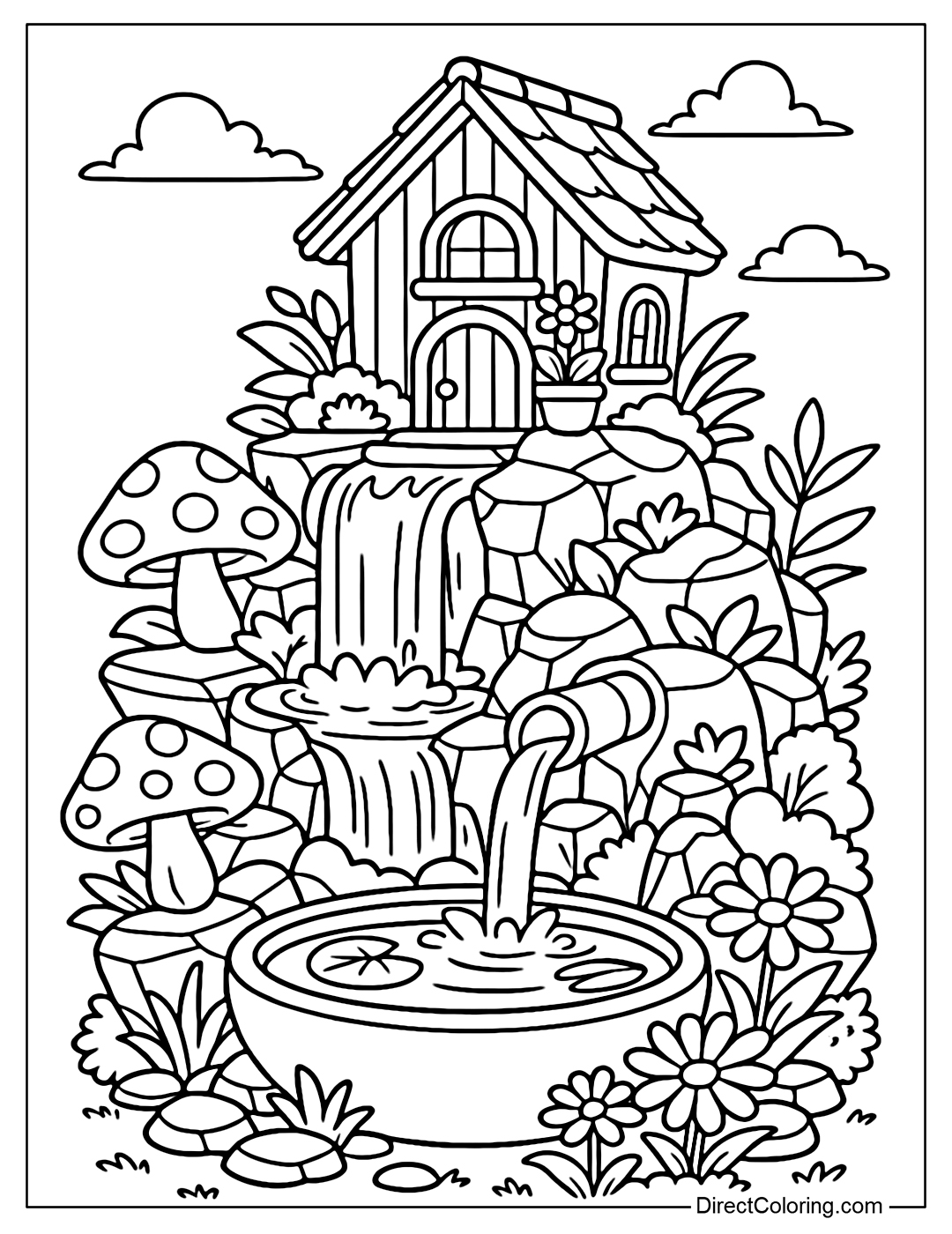 Coloring page of a fairy's tiny house on a rocky hilltop, a two-tiered waterfall flowing into a small pond, surrounded by mushrooms and flowers