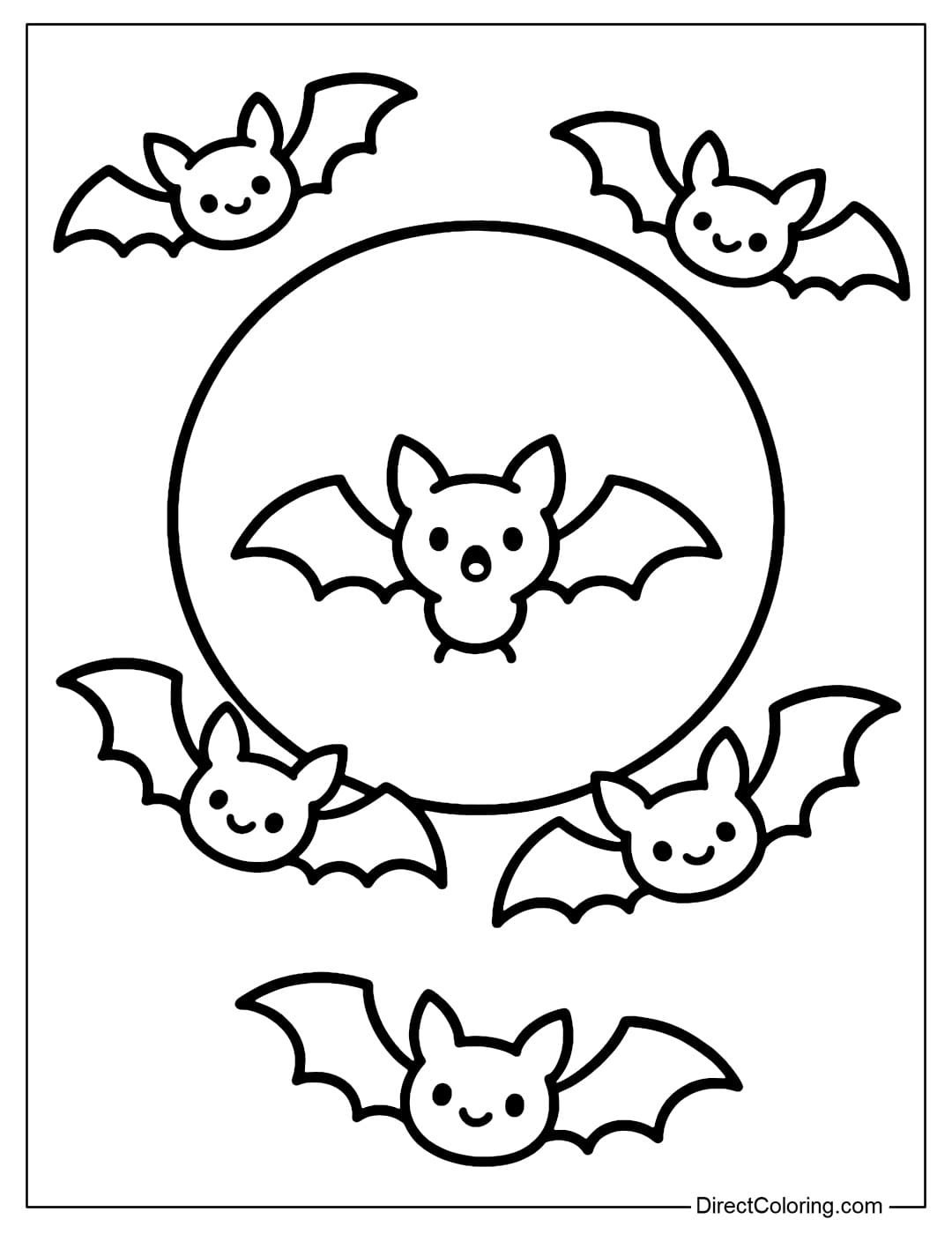 Coloring page of bats flying around a large full moon, wings spread out.