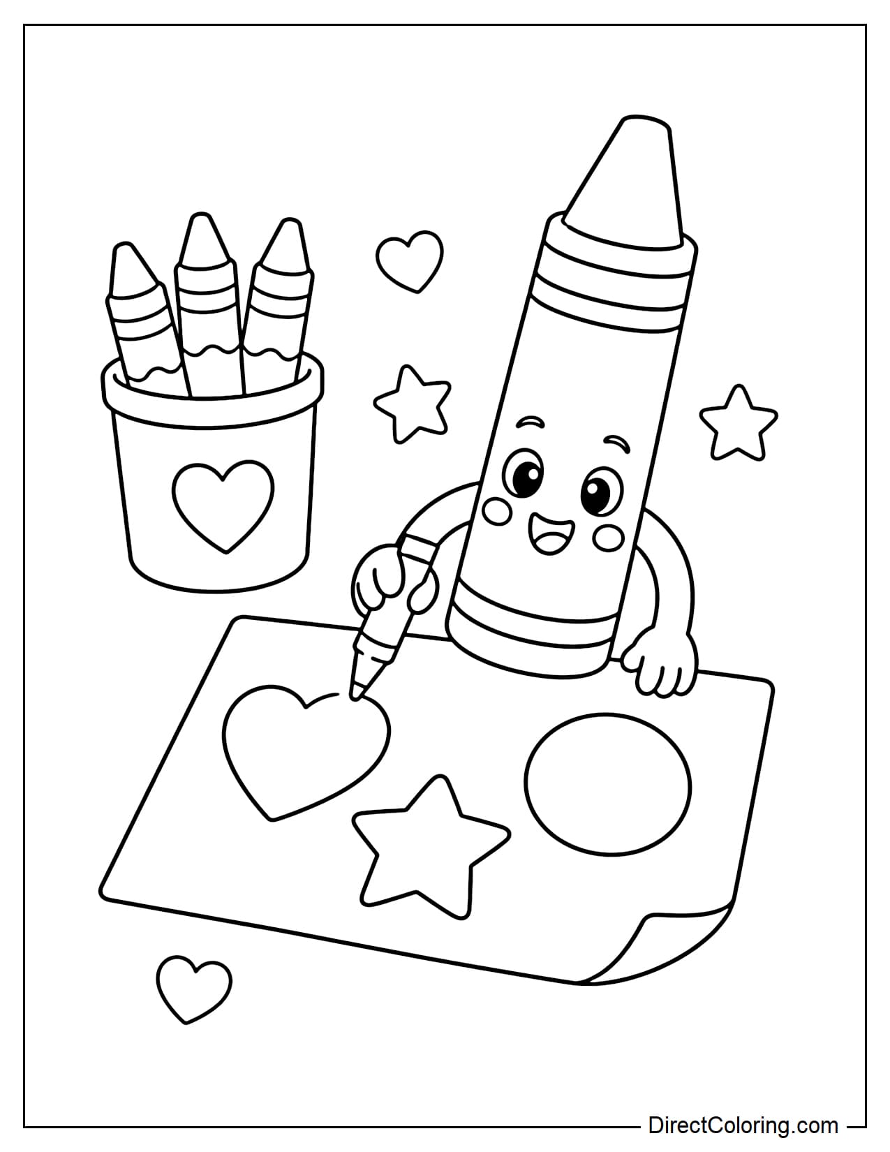 A crayon drawing basic shapes like hearts, stars, and circles on paper.