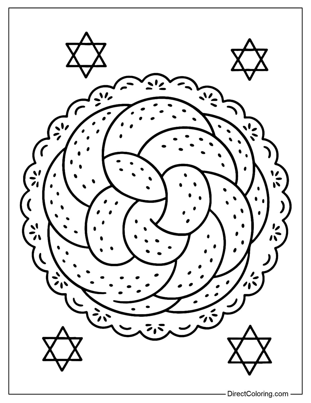 A coloring page of a round challah bread, with a beautiful spiral pattern, surrounded by a lace tablecloth and a few small stars of David.
