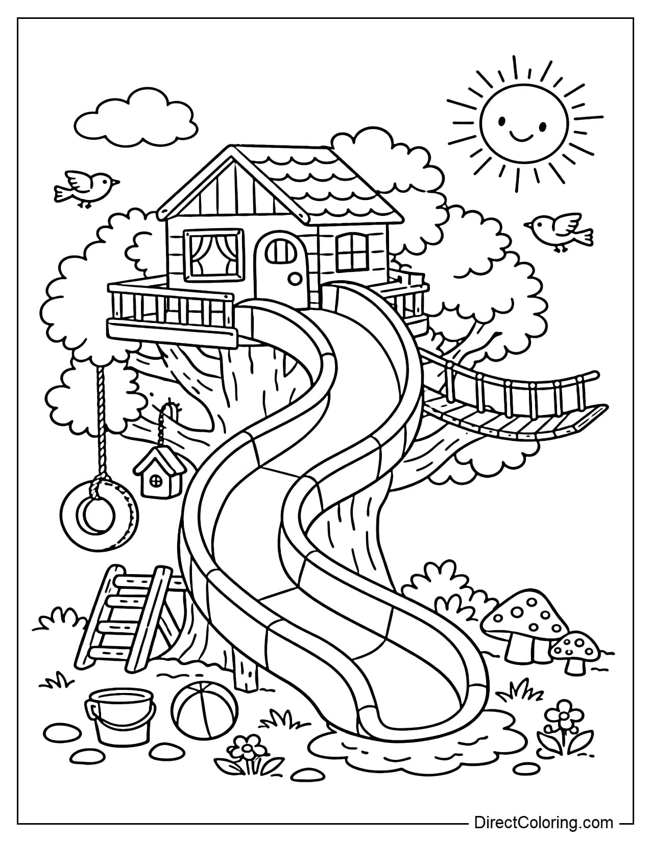 A treehouse with a large slide leading down from the house; the slide is simply drawn.