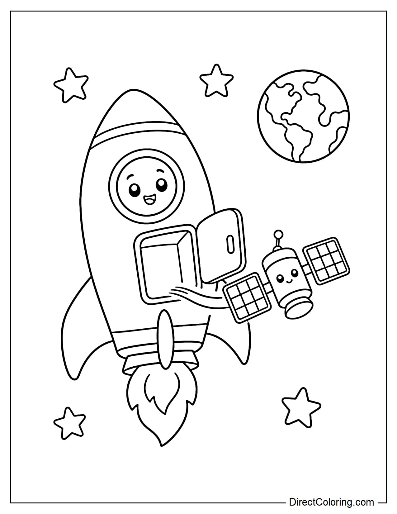A rocket opening a small compartment and releasing a satellite with two rectangular solar panels into space, with a small Earth and a few stars in the distance.